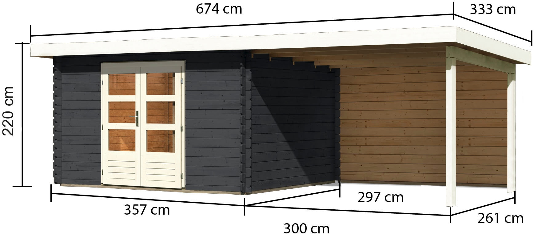 Karibu Gartenhaus »Schloßsee 7«, (Set), mit Anbaudach, Rückwand und Fußboden im Haus