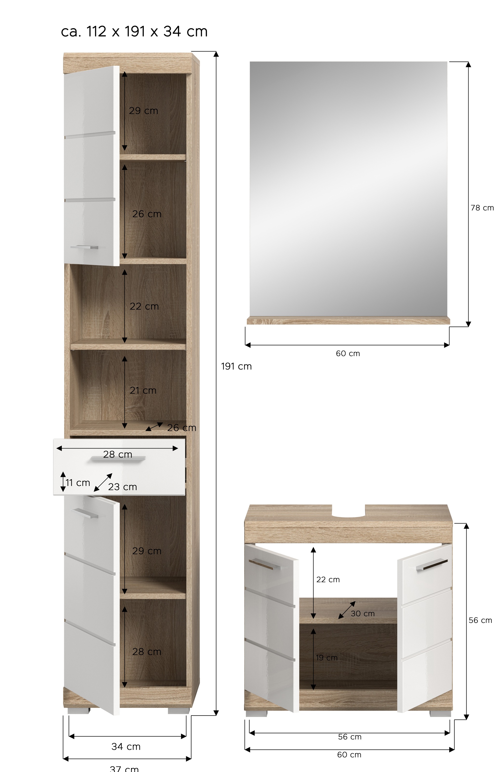 INOSIGN Badmöbel-Set »Siena, 3 teilig, bestehend aus:«, (Set), Hochschrank, Waschbeckenunterschrank, Spiegel