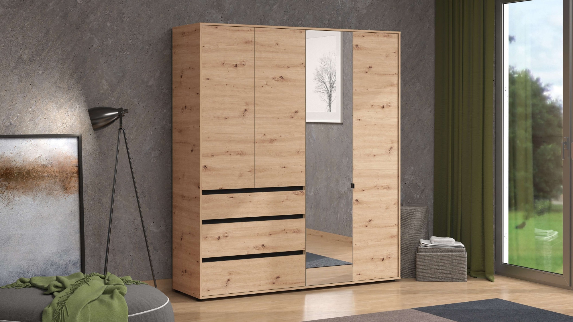 INOSIGN Kleiderschrank »Corbett, grifflose Optik, FSC-zertifziert, Made in Europe«, (138 oder 182,5cm breit, 211cm hoch und 54,5cm tief), mit Spiegel, 3 Schubladen und Innenausstattung
