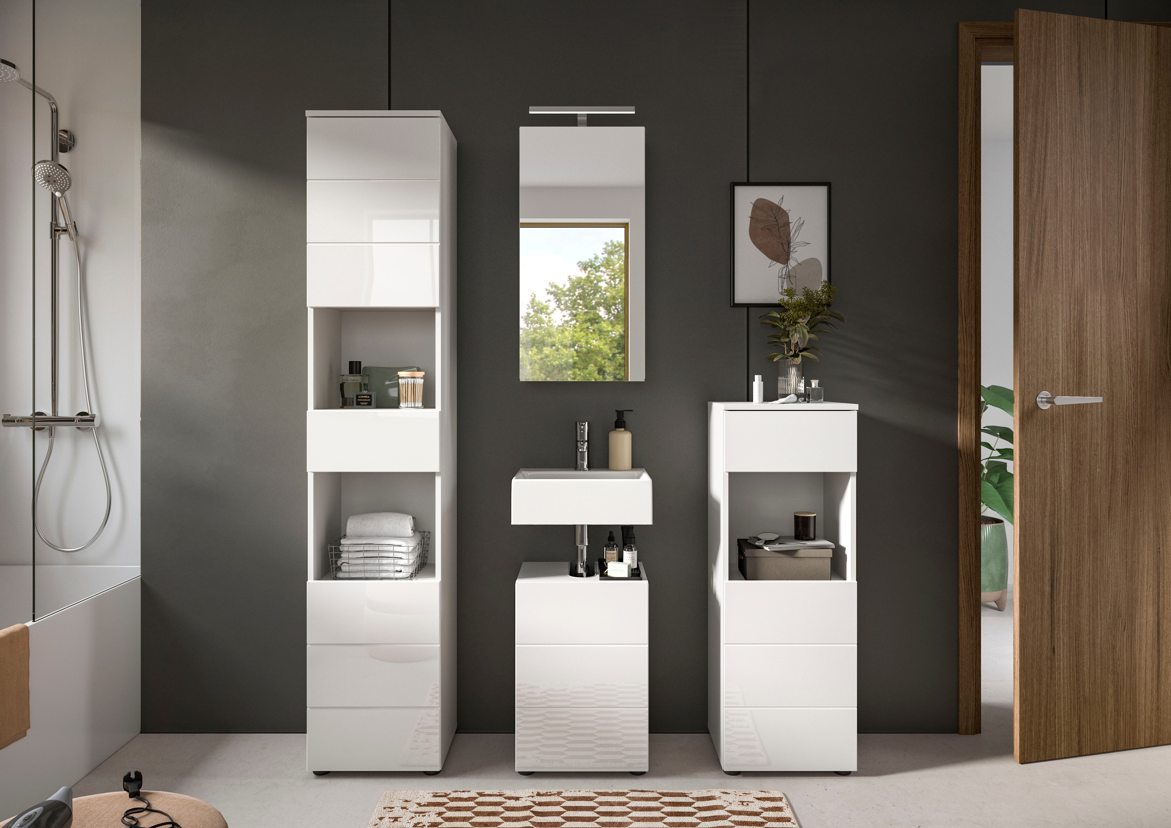 welltime Badmöbel-Set »Biel, Höhe 190 cm,Hochschrank,WBU, Spiegelschrank, Unterschrank, Lampe«, (5 St.), Bad Set, modern, Hoch-und Unterschrank, Spiegel, Aufsatzleuchte