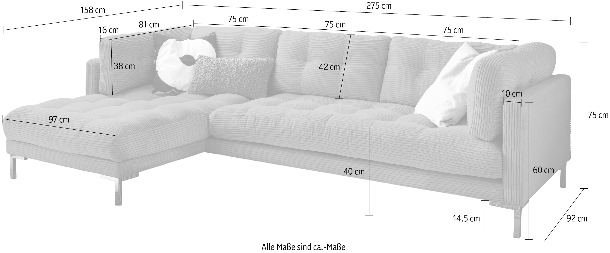 Trends by HG Ecksofa »Landau L-Form«, in Cord-Stoff mit Metallfuß