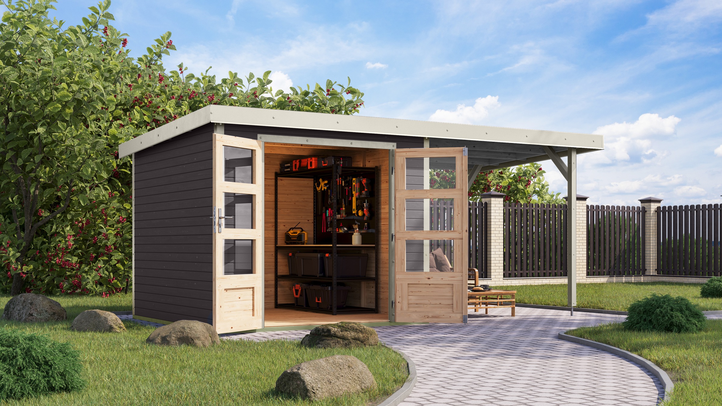 KARIBU Gartenhaus »"Jupiter 3, 5 B" SET terragrau, mit Anbaudach 2, 35 m breit« hochwertige Materialien: nordische Fichte, Stahlecken,...