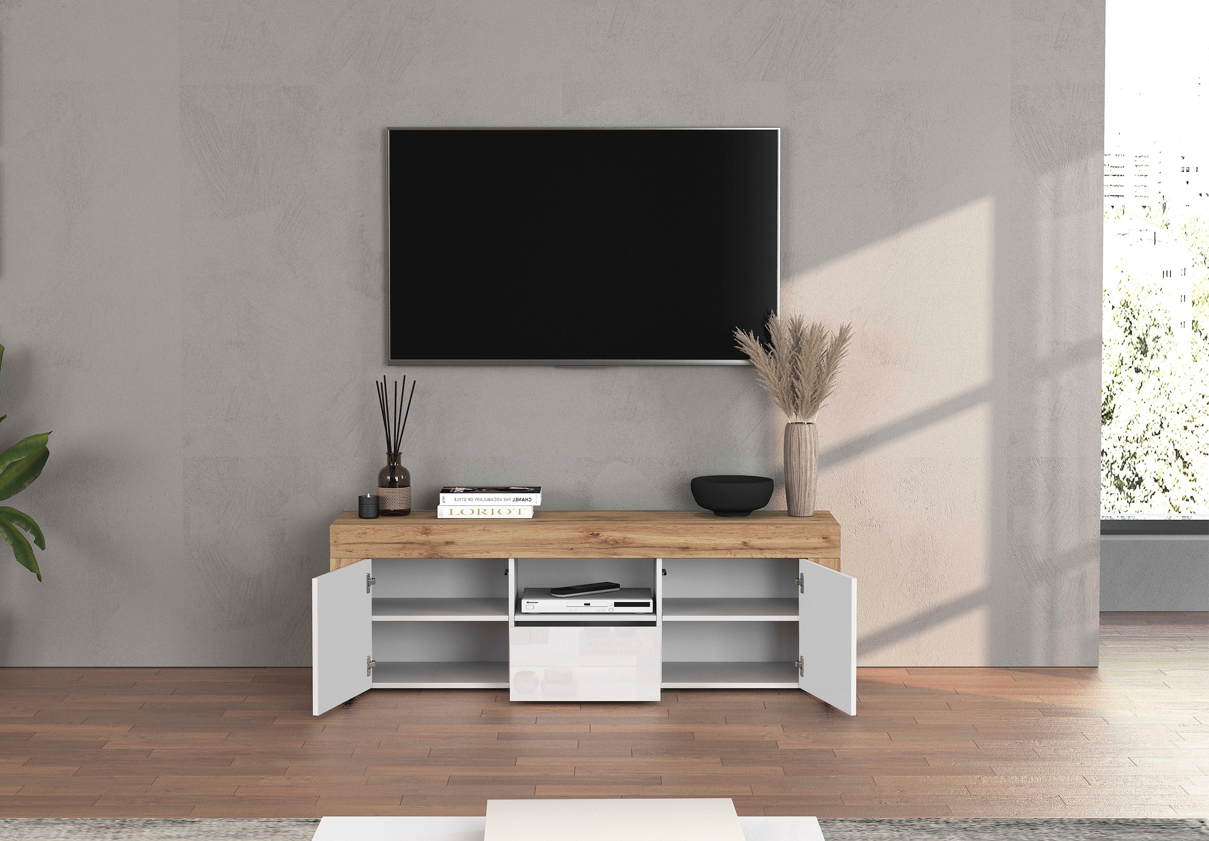 INOSIGN Lowboard »CHRONOS Breite 155 cm mit 2 Türen, 1 Schublade,1 offenes Fach«, (1 St.), TV-Board, Sideboard niedrig, Grifflos mit Push to Open 'Made in Italy'