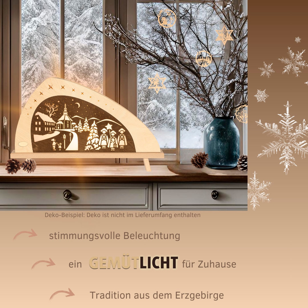 Weigla LED Lichterbogen »Weihnachten in Seiffen, asymmetrische Holz Dekolampe, Made in Germany« 1 Stk. Erzgebirge garantiert,Weihnachtsdeko Innen, Weihnachtsbeleuchtung