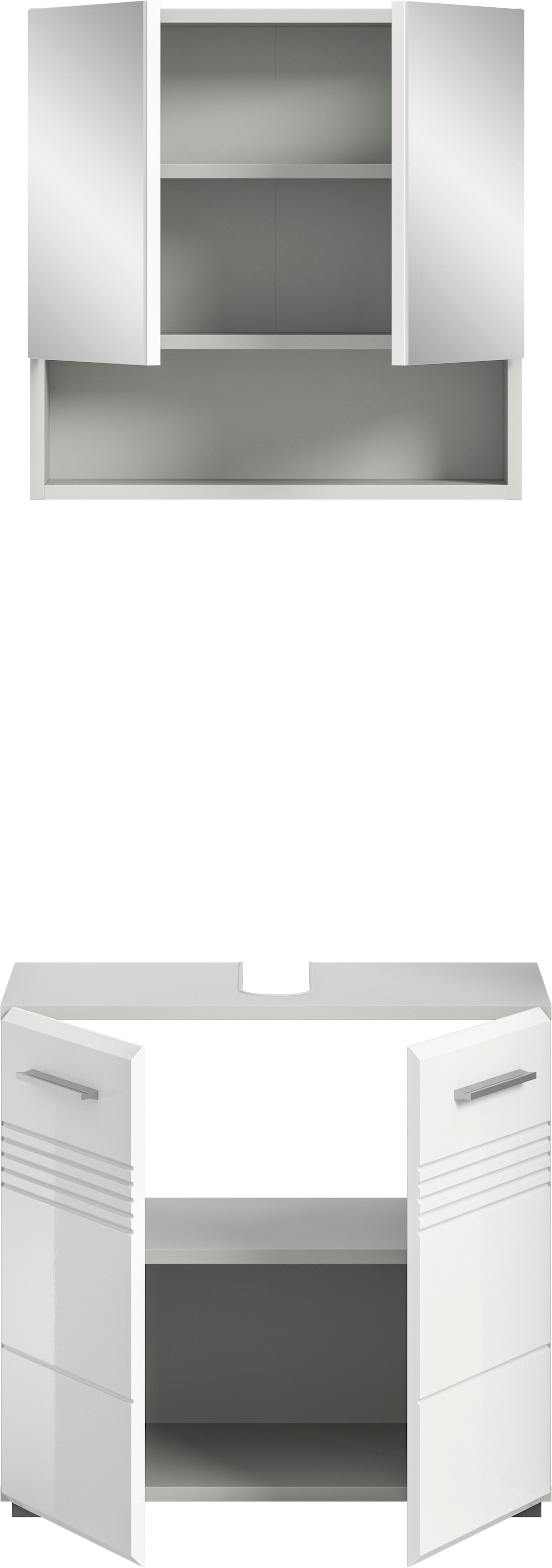 welltime Badmöbel-Set »Calicio, bestehend aus: Waschbeckenunterschrank, Spiegelschrank«, (2 St.), hochwertige MDF Front mit Rillenfräsung