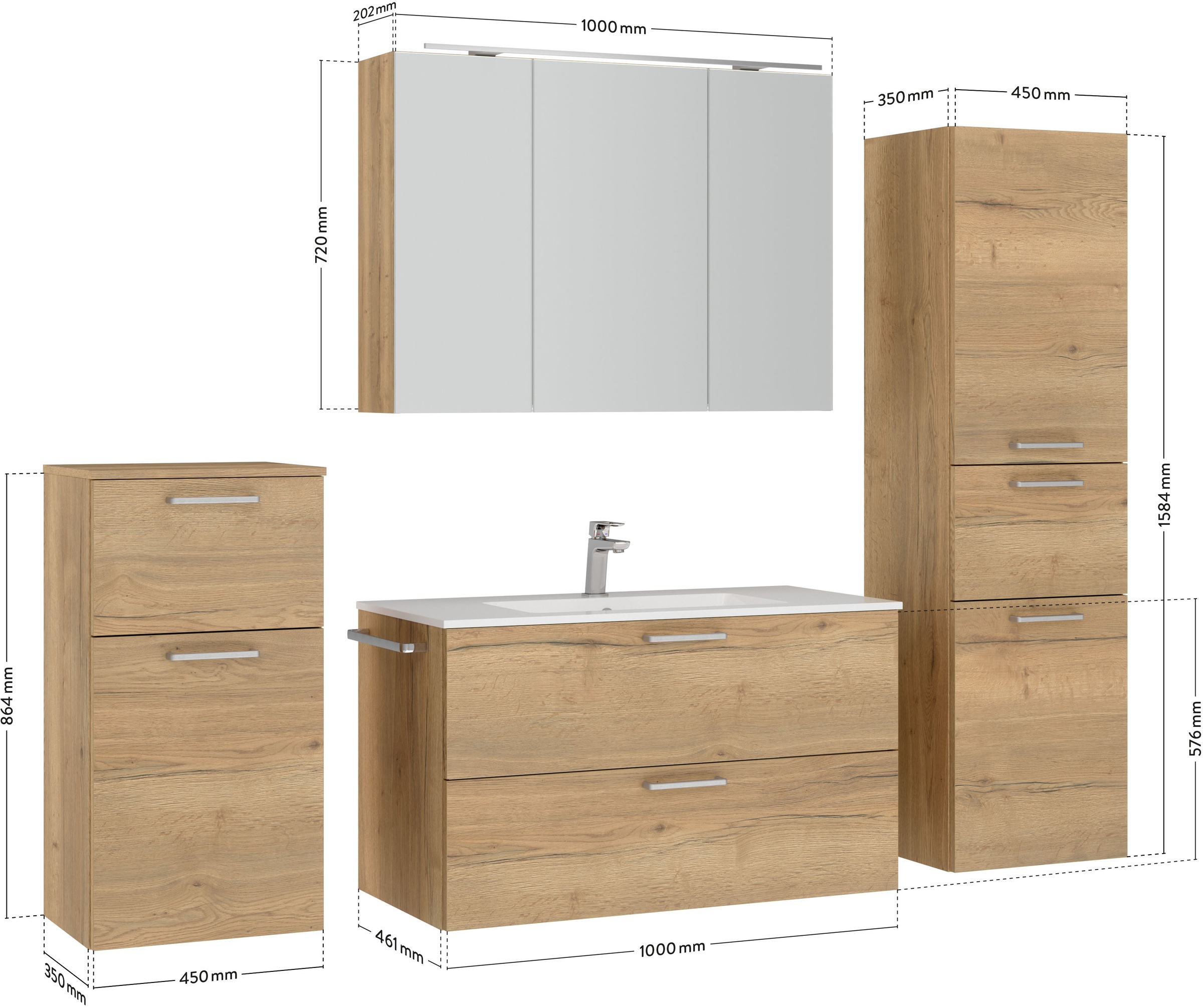 nobilia® Badmöbel-Set »Tolvina«, (4 St., vormontiert, mit Soft-Close), inkl. Spiegelschrank mit Beleuchtung und Dimmerfunktion, in 4 Breiten