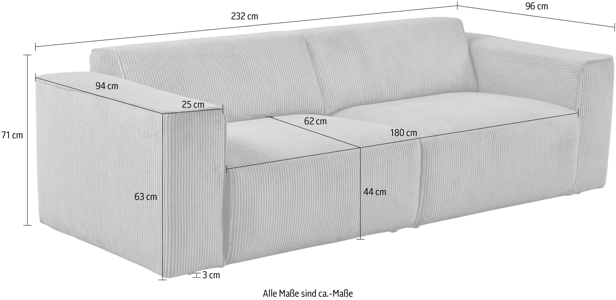 andas 3-Sitzer »Noord mit Kedernaht, Breite 232 cm«, Cord, Struktur, Webstoff, mit Wellenunterfederung, Massivholzrahmen