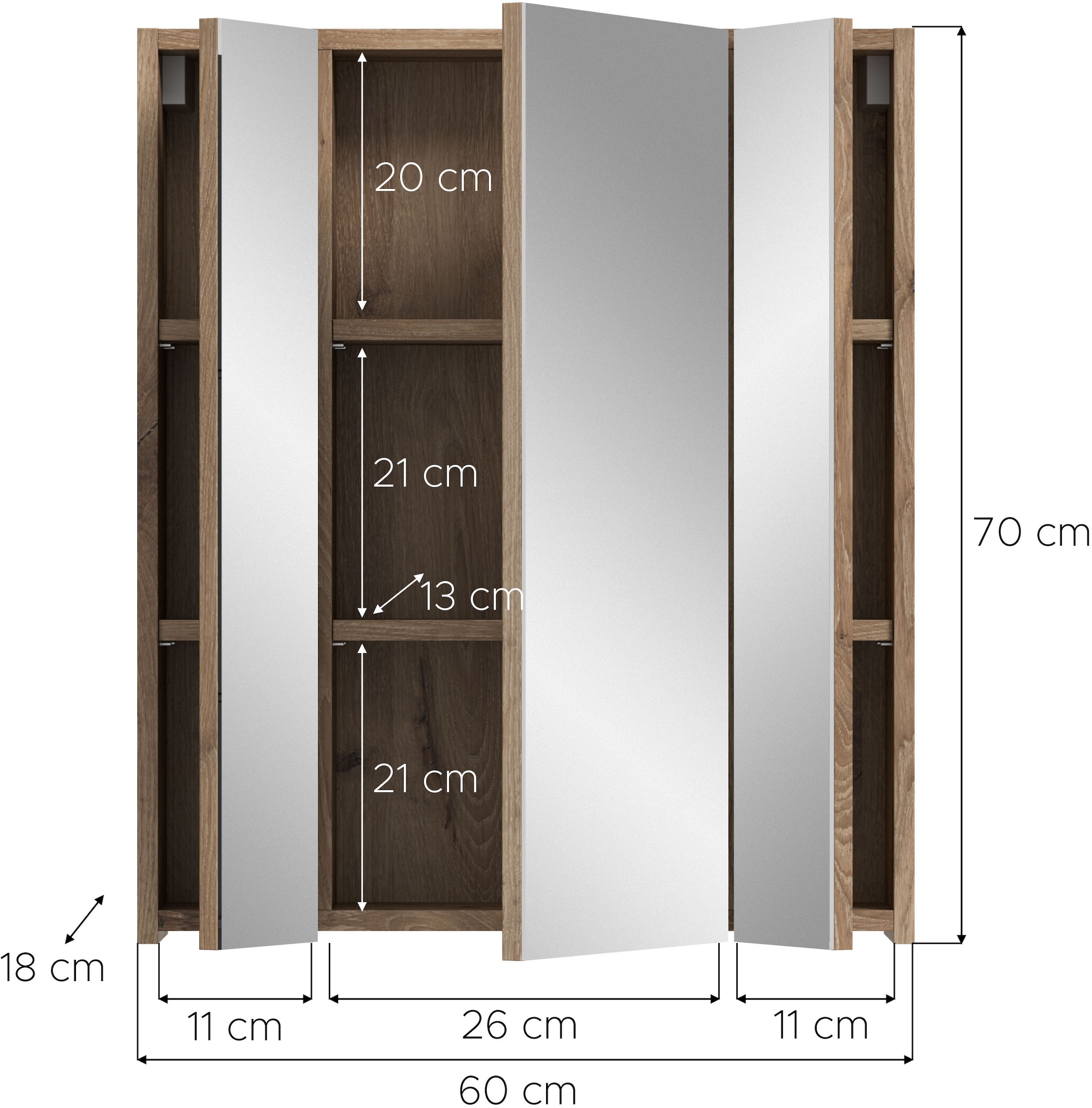 INOSIGN Spiegelschrank »Malmö, Breite 60 cm, 3 Spiegeltüren, 9 Fächer, 6 Einlegeböden« 1 Stk. tlg. Florenz, Spiegelschrank 3-Türig, Nox Oak NB, 9 Fächer