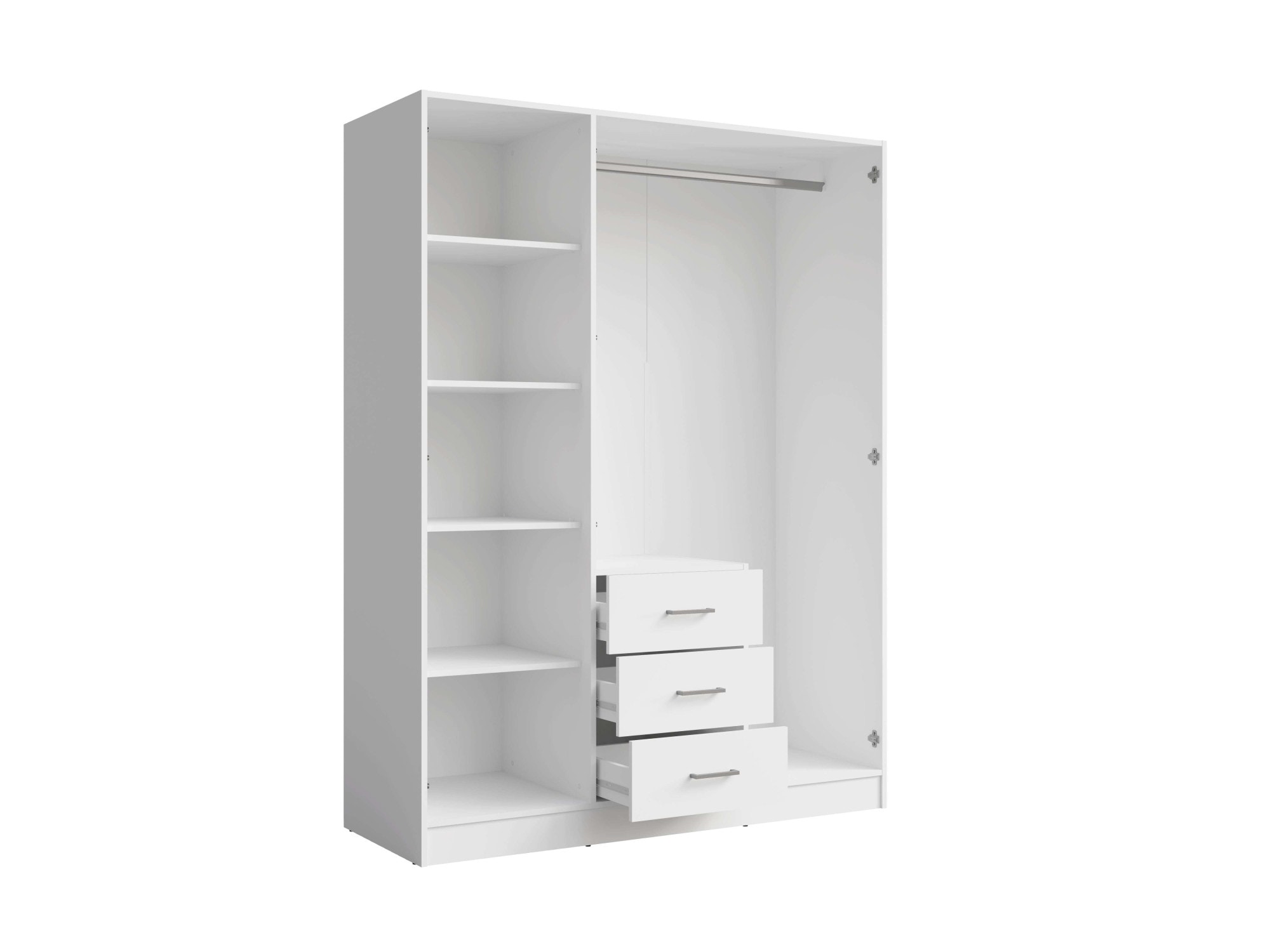Home affaire Kleiderschrank »KOS Garderobe mit 3 Schubladen, Kleiderstange, 4 Einlegeböden, Spiegel«, Wäscheschrank mit 3 Drehtüren, silber Griffen, Maße B/H/T 150/200/58cm