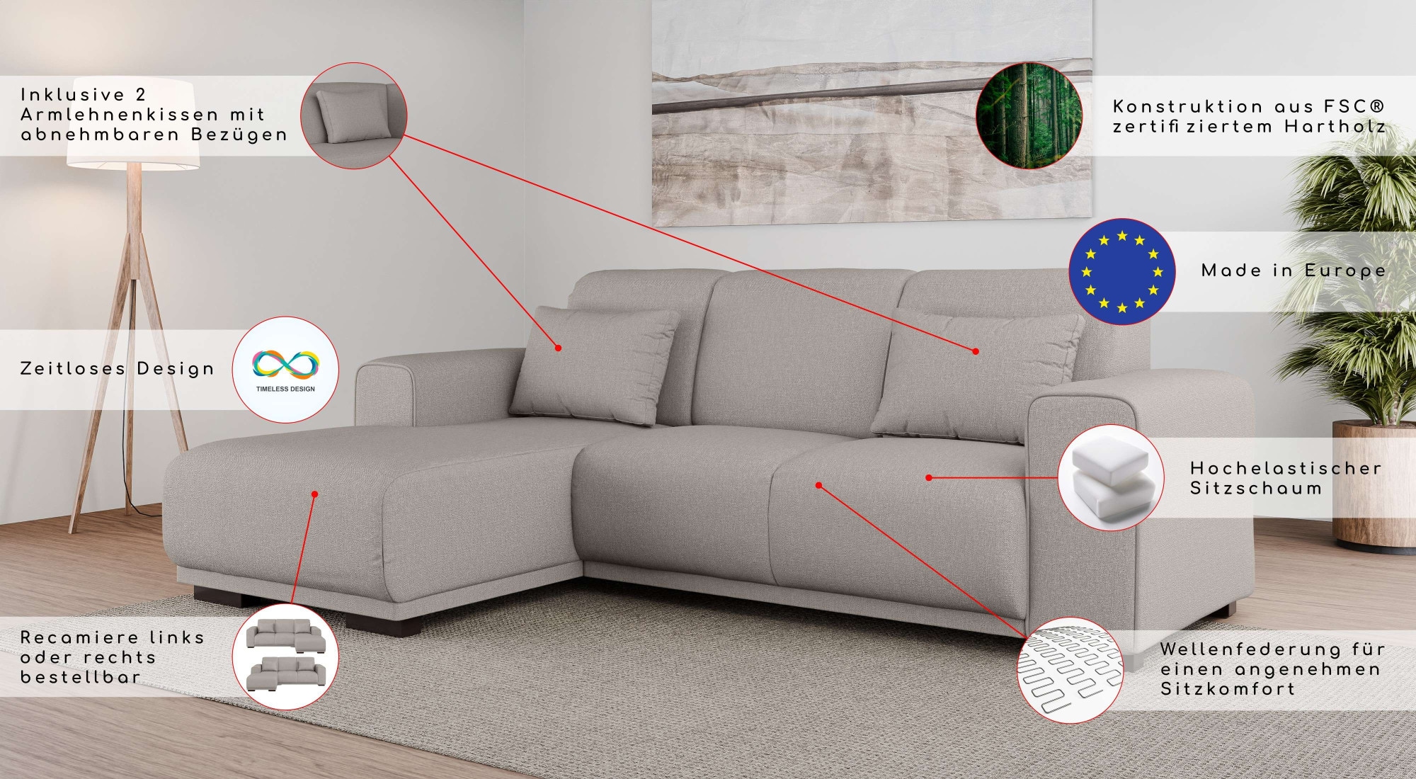 Home affaire Ecksofa »BORNHOLM L-Form mit Recamiere, Maße B/T/H: 234/162/85 cm«, Recamiere links oder rechts bestellbar, Wellenfederung, inkl. 2 Kissen