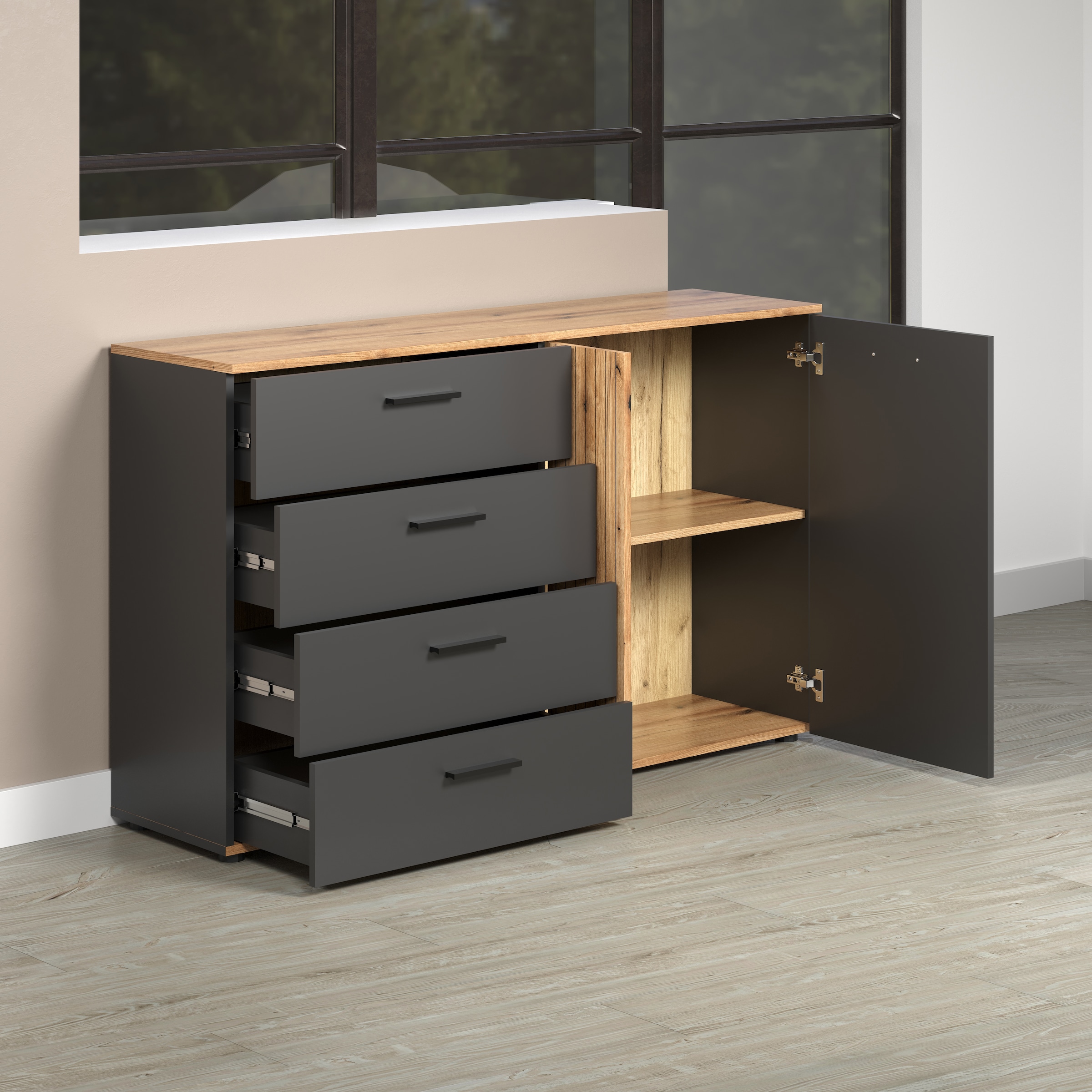 INOSIGN Kommode »Estepona«, (1 St.), Schubladenschrank in Rillenoptik mit Vollauszug-Funktion