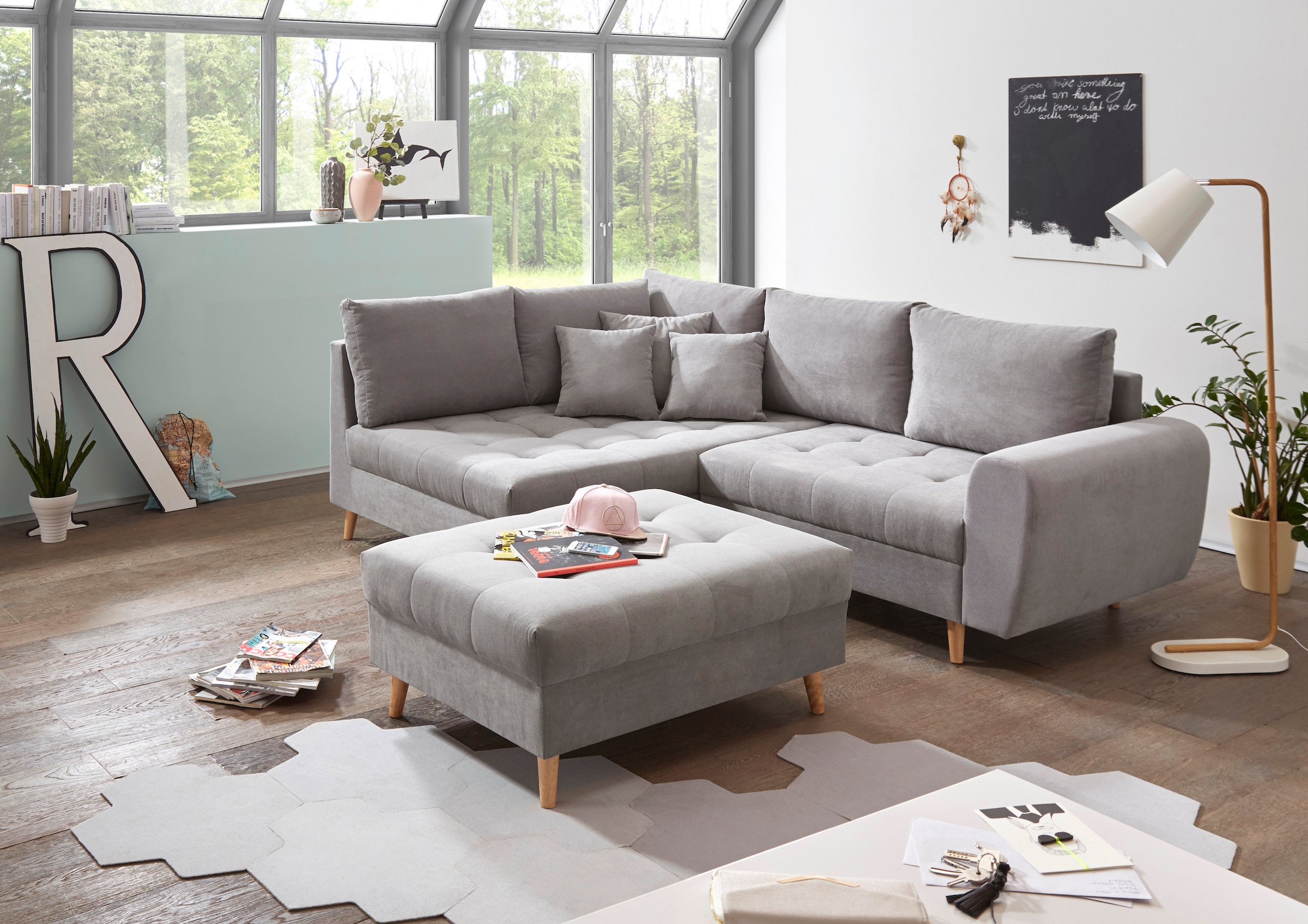 ED EXCITING DESIGN Ecksofa »Alice L-Form« mit Hocker & 3 Zierkissen günstig online kaufen