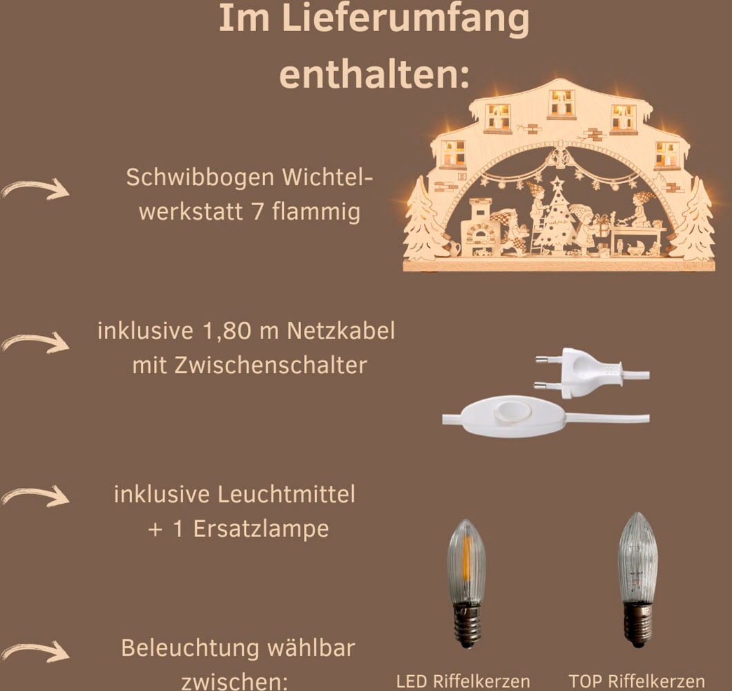 Weigla LED Schwibbogen »Wichtelwerkstatt, Lichterbogen aus Holz, NATUR«, Erzgebirge garantiert, Weihnachtsdeko Innen, Weihnachtsbeleuchtung