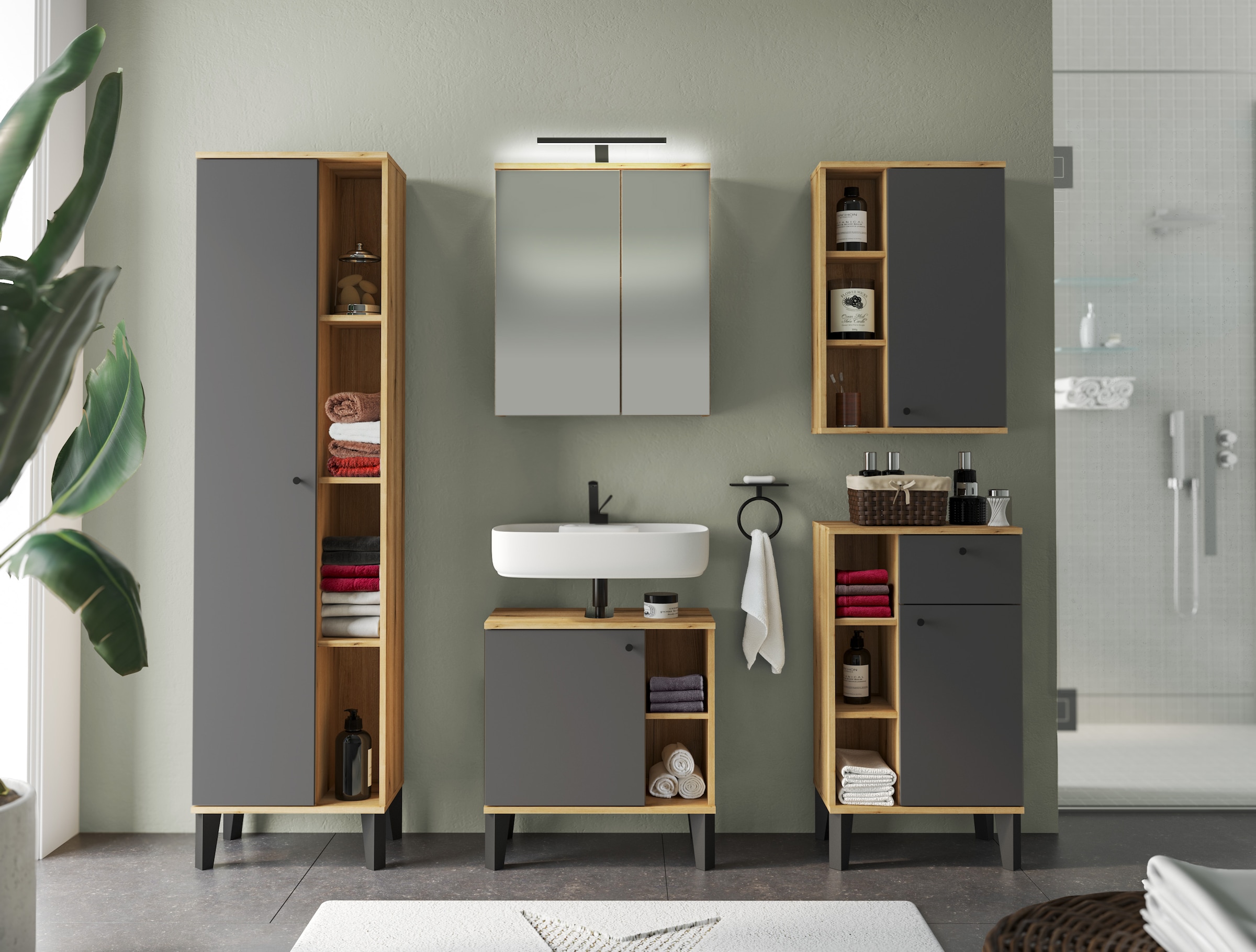 INOSIGN Badmöbel-Set »OSLO, Bad im skandinavischen Design, 5-teiliges Badezimmer«, (Set, 5 St.), Badschränke und Spiegel, in zwei Farben verfügbar, viel Stauraum