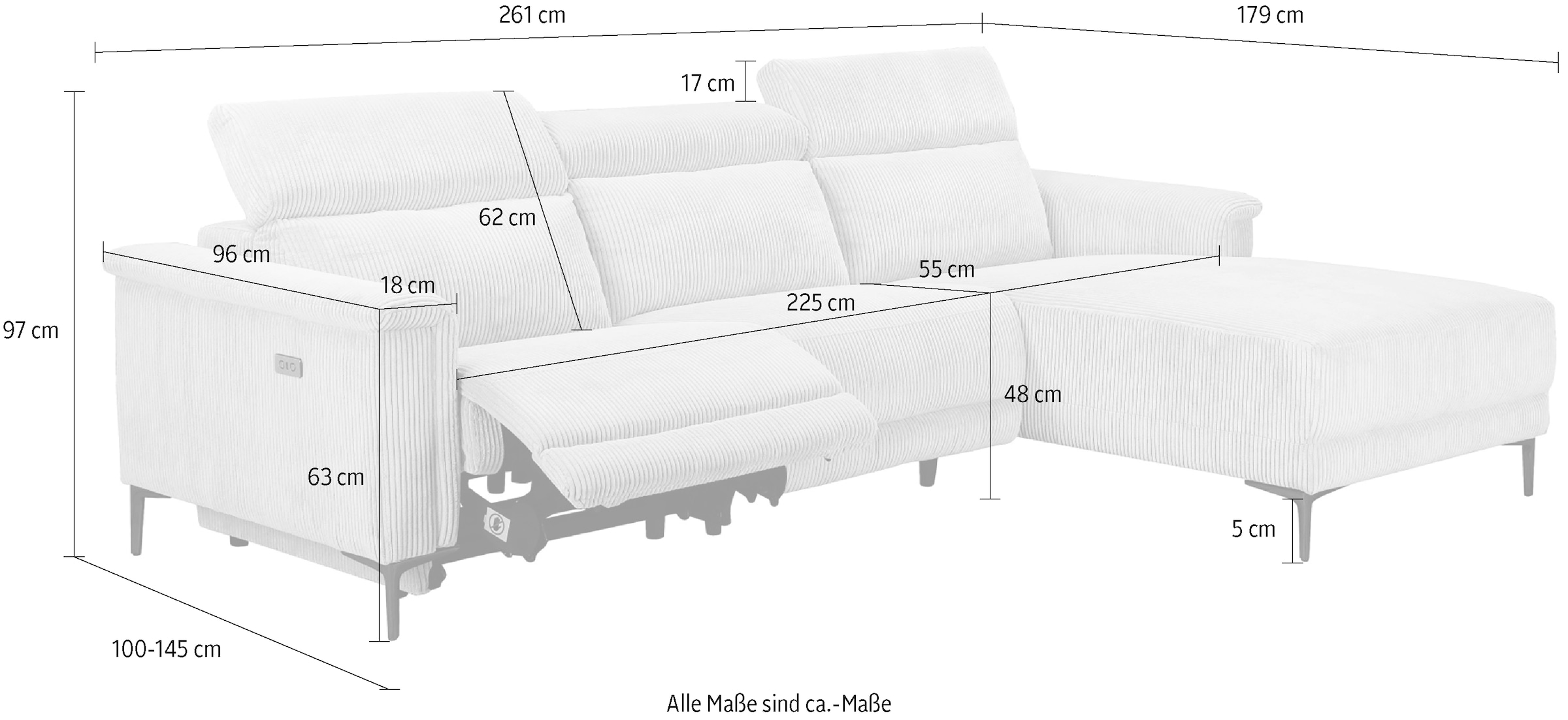 Places of Style Ecksofa »Lund in Cord, L-Form, 261 cm, manuelle und elektr. Relaxfunktion,«, USB-A und Kopfteilverstellung