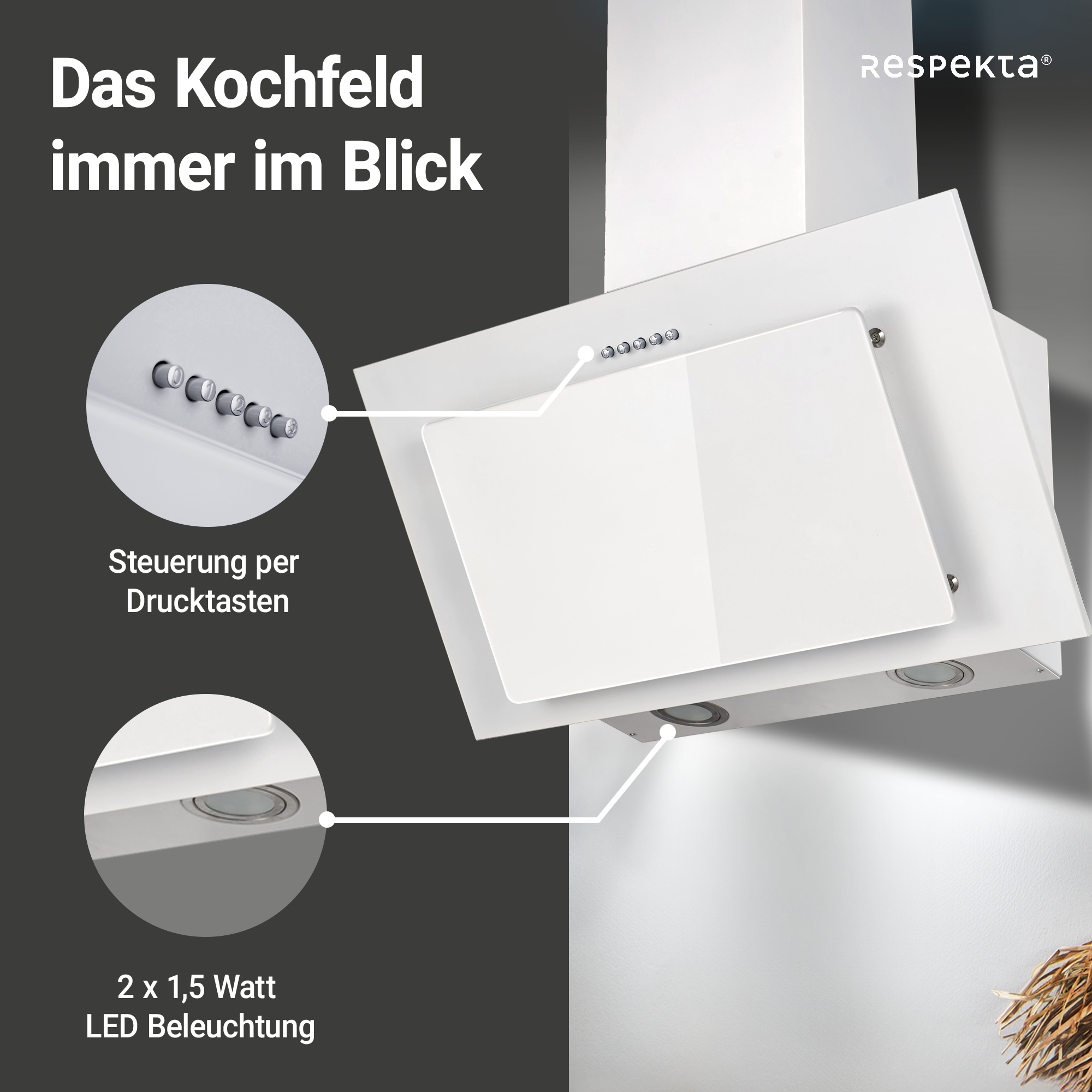 RESPEKTA Kopffreihaube »CH 33060«, 60 cm, 3 Leistungsstufen, LED-Beleuchtung, Ab- und Umluftfähig
