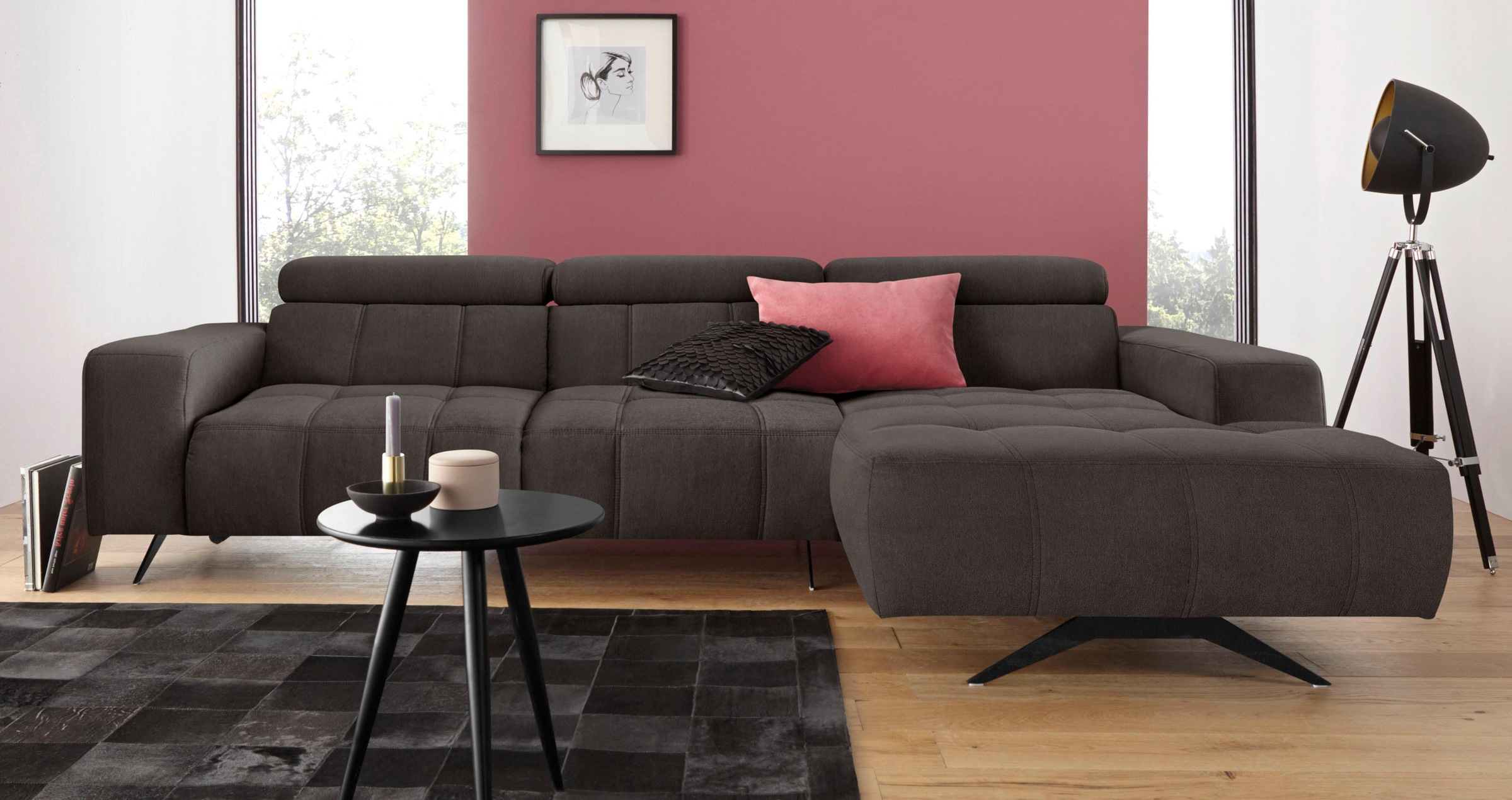 DOMO collection Ecksofa »Trento L-Form, mit Kufenfuß oder Einzelfuß«, wahlweise mit Kopfteilverstellung, Recamiere links/rechts bestellbar