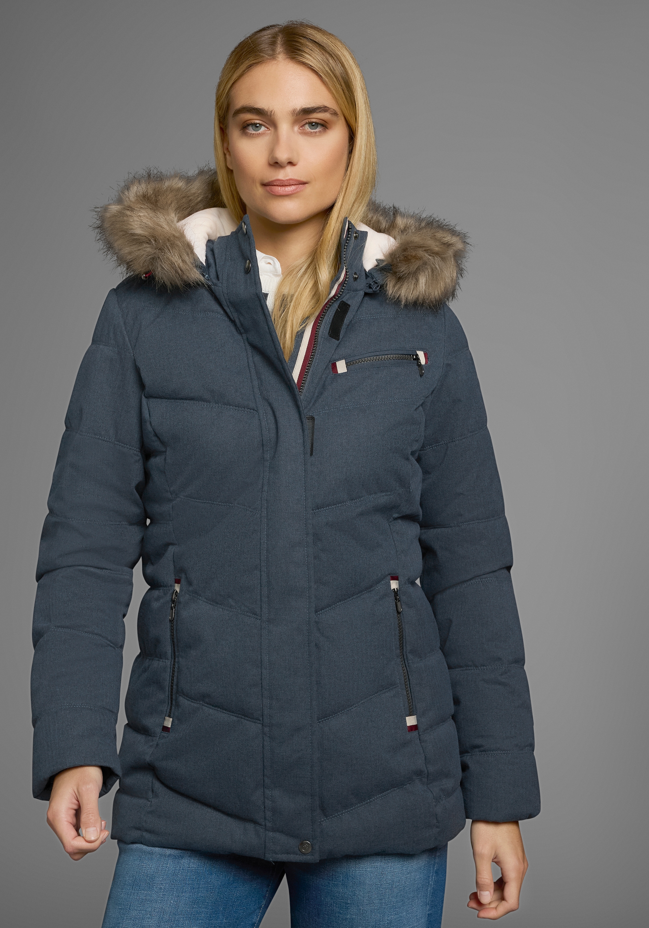 Polarino Steppjacke mit Kapuze mit abnehmbarer Kapuze,  mit Fellimitat,  viele Taschen