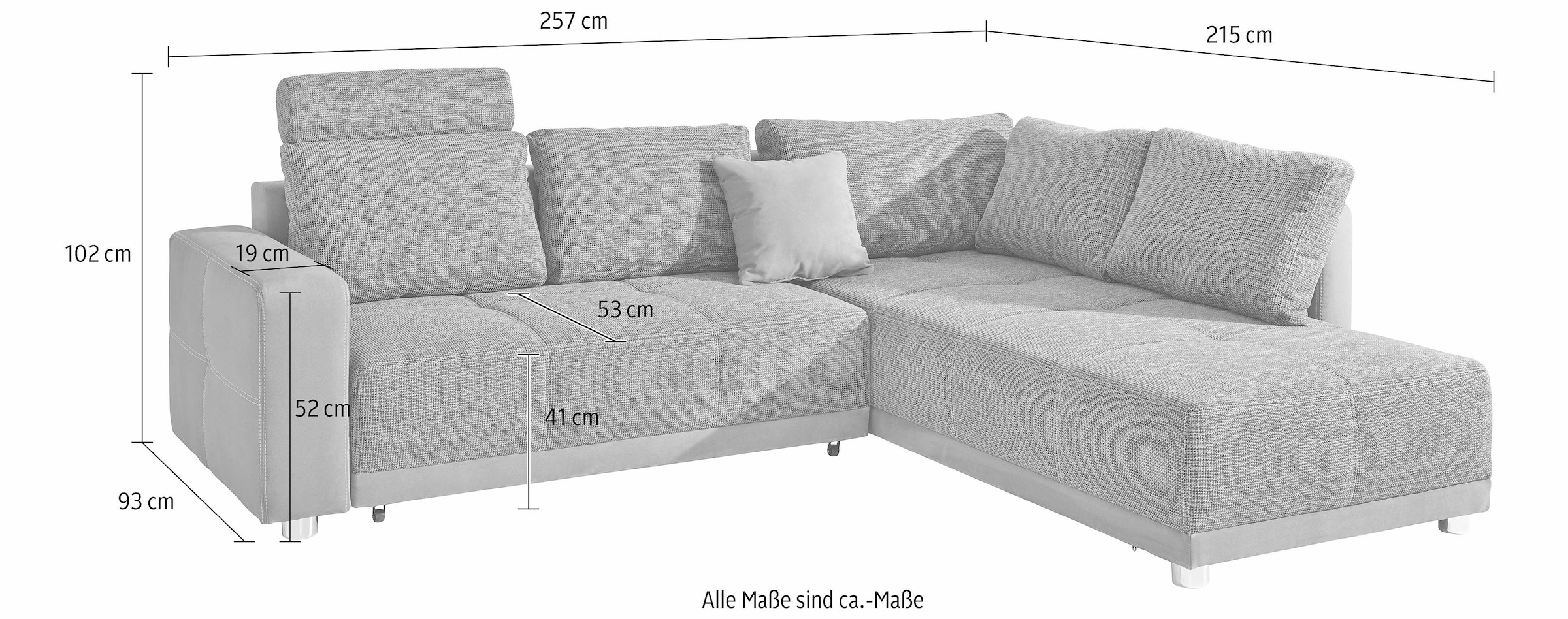 mit mit Bettfunktion, wahlweise rechts Places oder links Bettkasten of Federkern, Style Rechnung Ottomane auf kaufen Ecksofa, montierbar 1 oder 3 Kopfstützen, und