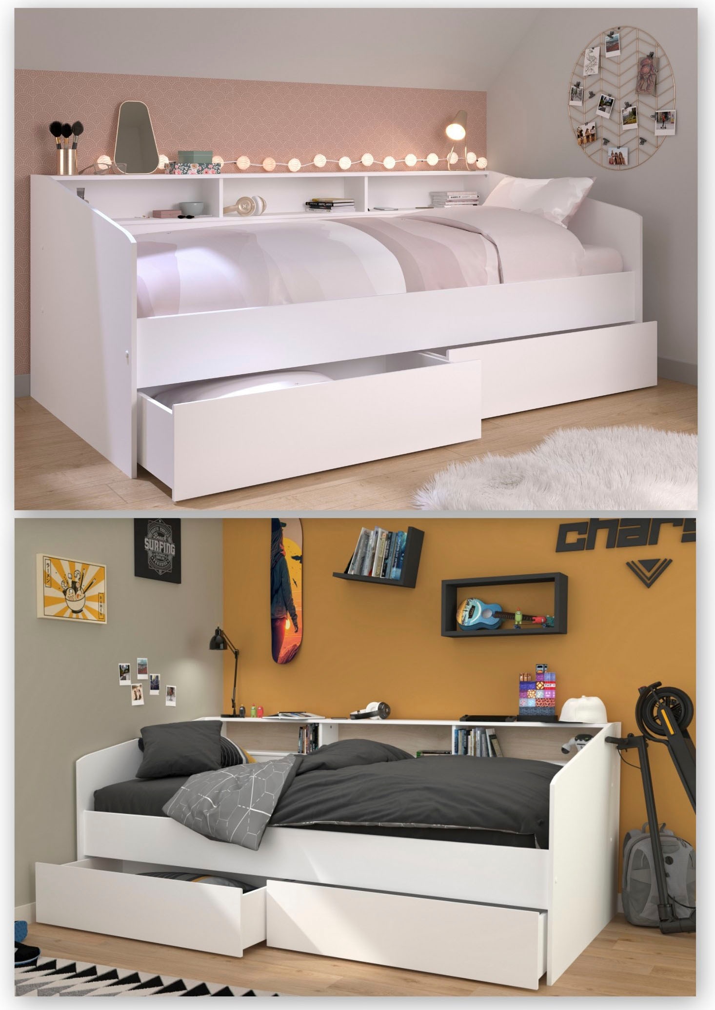 Parisot Stauraumbett »Sleep, Daybed, Kinderbett, Rückwand der Regale drehbar (farbig + weiß)«, inklusive, Regale, Schubkästen, viel Stauraum, TOPSELLLER!