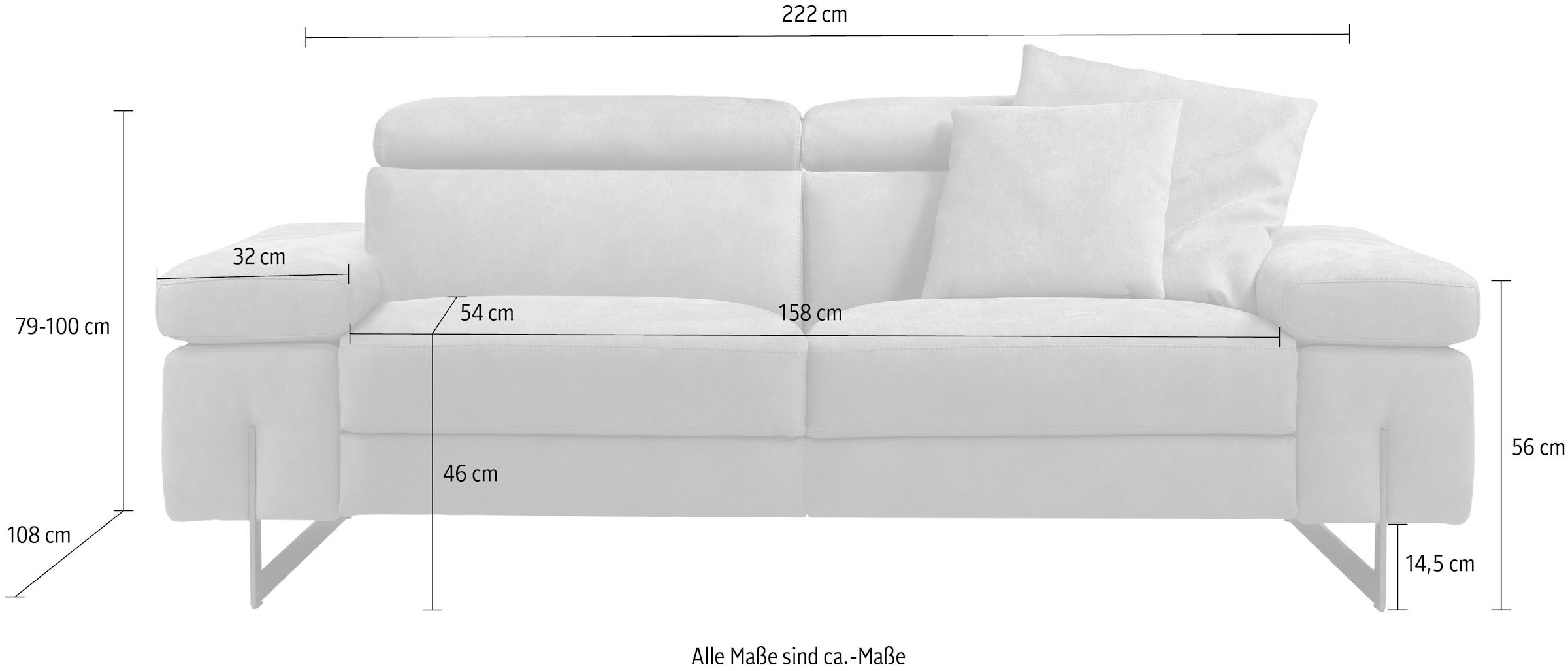 Egoitaliano 2,5-Sitzer »Candice, elegant und edel, hochwertiges Designsofa, bequem« Kopfteile manuell verstellbar, titanumfarbene Kufenfüße