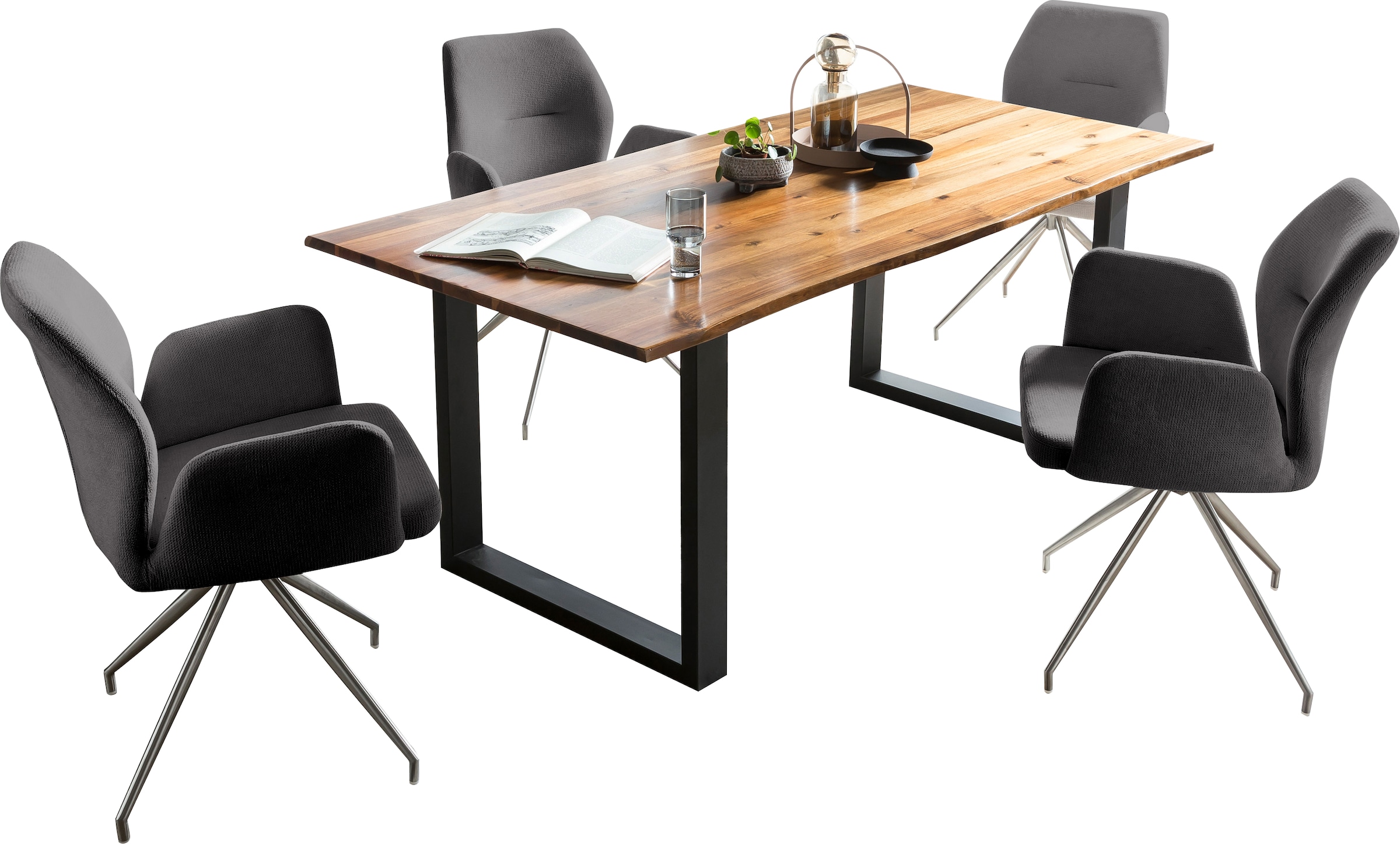 SalesFever Essgruppe »Tischgruppe für gemütliche Familienabende« Set, 5 Stk. tlg. Tischplatte mit echter Baumkante, Gestell aus rostfreiem Edelstahl