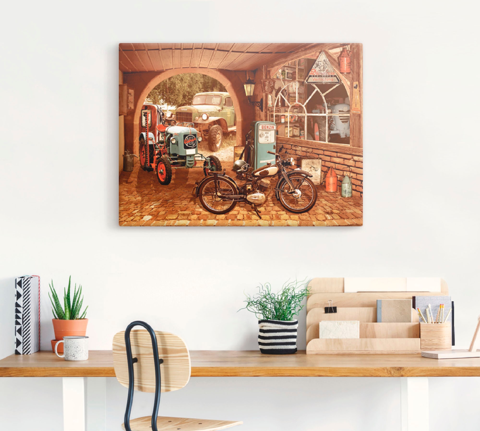 Artland Wandbild »Werkstatt mit Traktor und Motorrad«, Traktoren, (1 St.), als Alubild, Outdoorbild, Leinwandbild, Wandaufkleber, versch. Größen