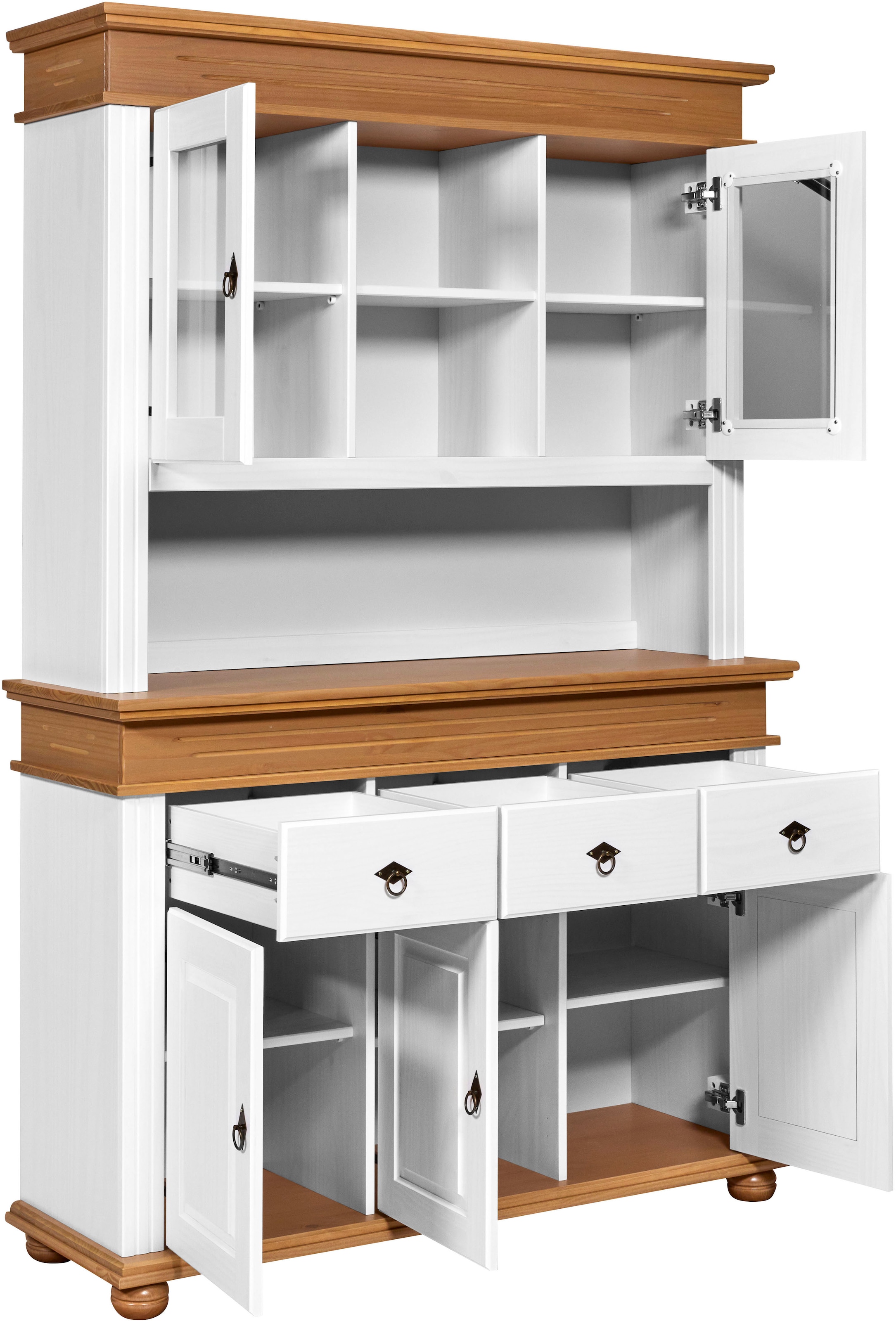 Inter Link Buffet »Halmaro, Kiefer Massivholz, Weiss/Grau-Lava, 141 x 46,30 x 213 cm« 1 Stk. tlg. Vitrine im Laudhausstil, Küchenschrank mit Glastüren, viel Stauraum