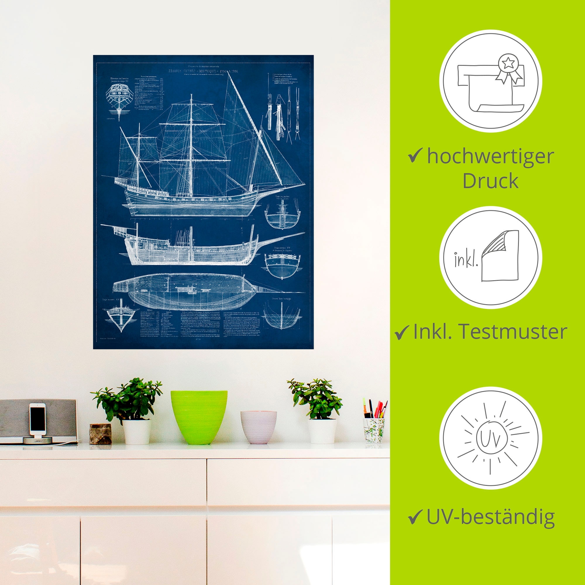 Artland Wandbild »Entwurf für ein Antikes Schiff I«, Boote & Schiffe, (1 St.), als Alubild, Outdoorbild, Wandaufkleber in verschied. Größen