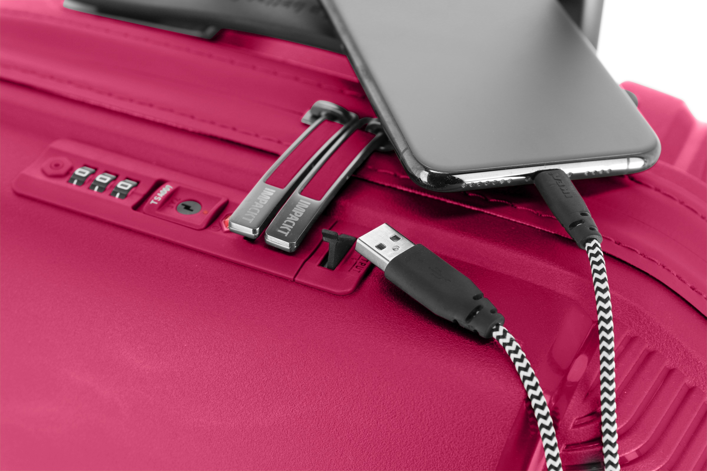 IMPACKT Hartschalen-Trolley »IP1, verschiedene Größen und Farben«, 4 Rollen, Hartschalen-Koffer vegan Koffer Reisegepäck USB-Port TSA Zahlenschloss