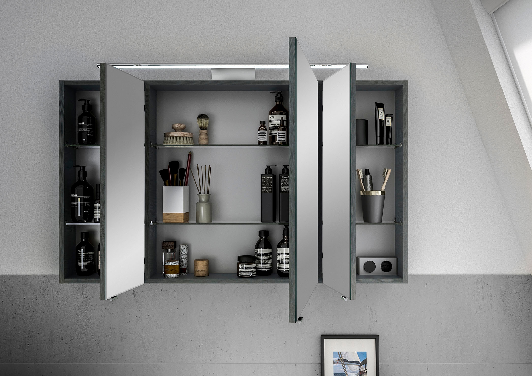 Saphir Badmöbel-Set »6005 Sprint Keramik-Waschtisch mit LED-Spiegelschrank, 122 cm breit«, (2 St.), Waschplatz inkl. Türdämpfer, 3 Türen, 2 Schubladen, Waschtisch Set