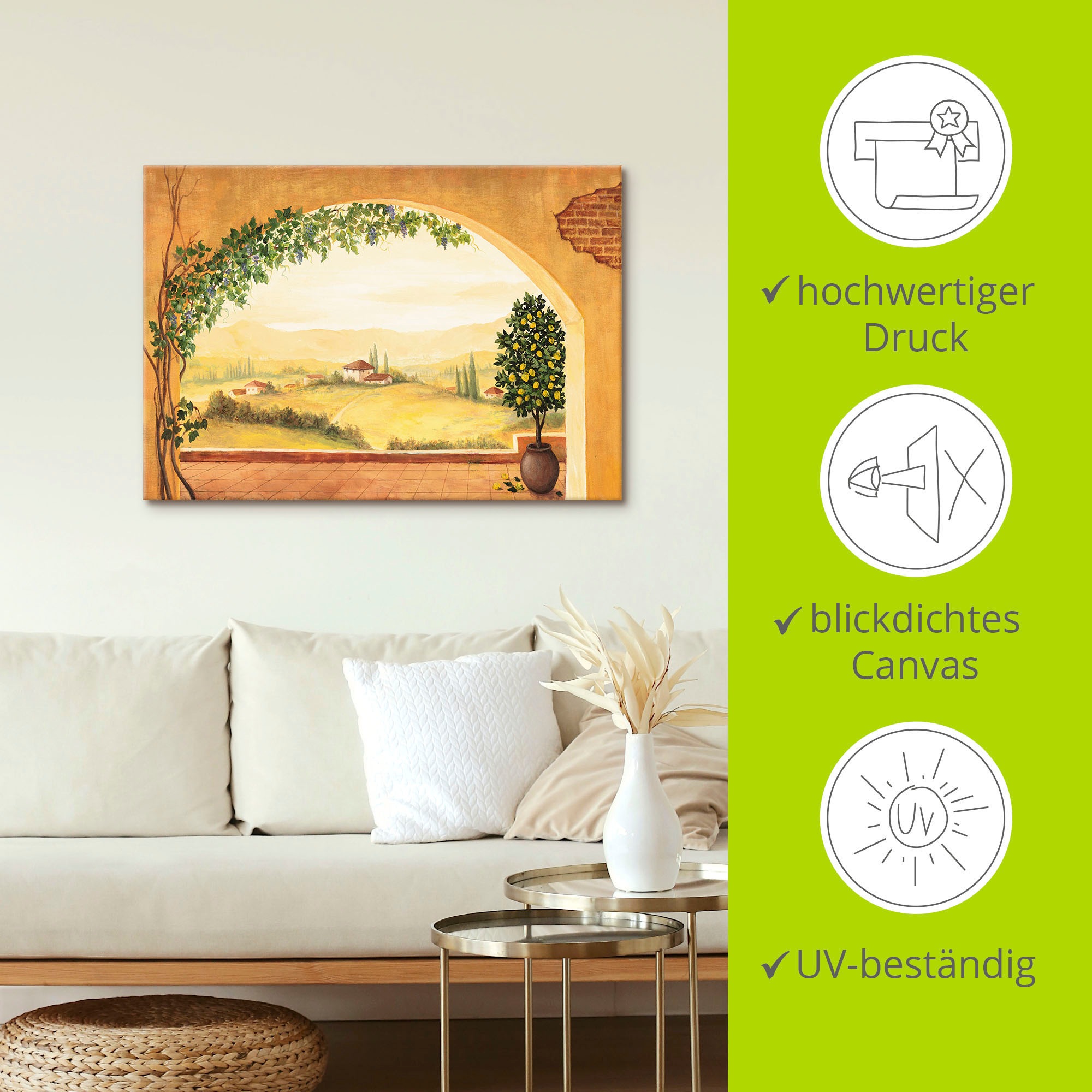 Artland Wandbild »Weinranken vor der Toskanalandschaft«, Fensterblick, (1 St.), als Leinwandbild, Poster in verschied. Größen