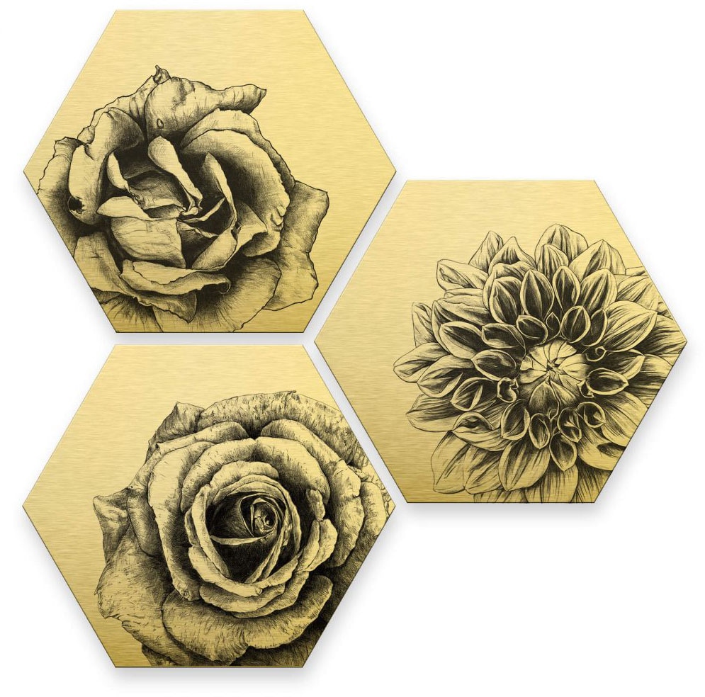 Wall-Art Mehrteilige Bilder »Florales Blumen Set Goldeffekt«, (Set, 3 St.), Metallschild Collage