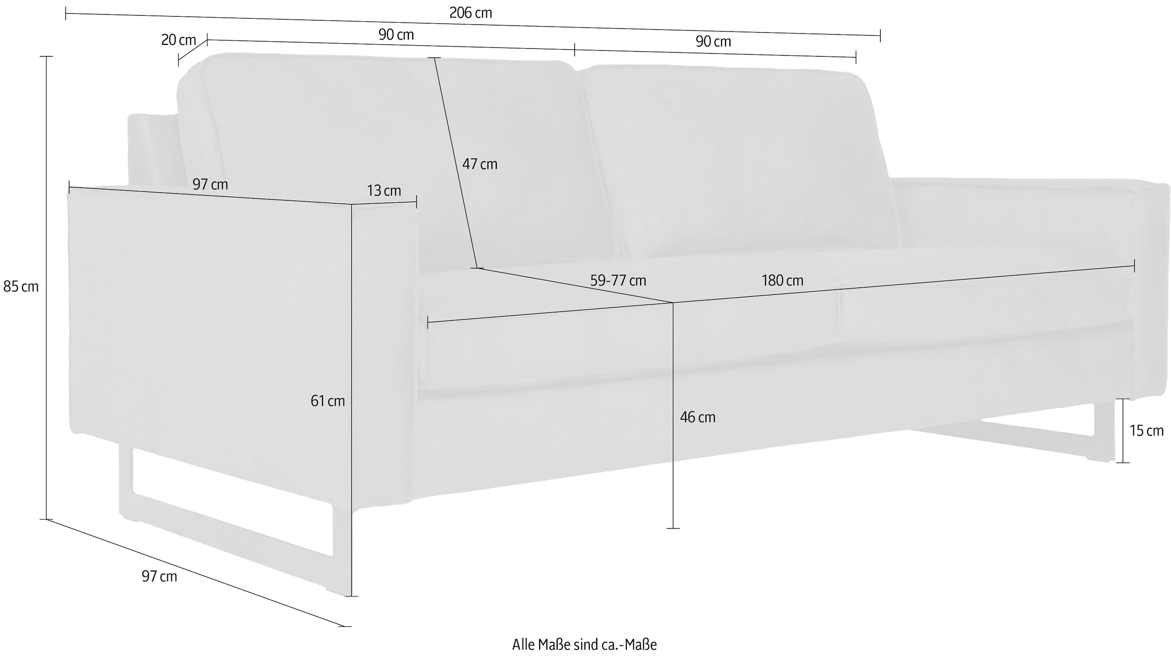OTTO home 3-Sitzer »Pinto, 206 cm, Cord, Chenille, Lederoptik« mit Keder, schwarze Metallfüße, Wellenunterfederung