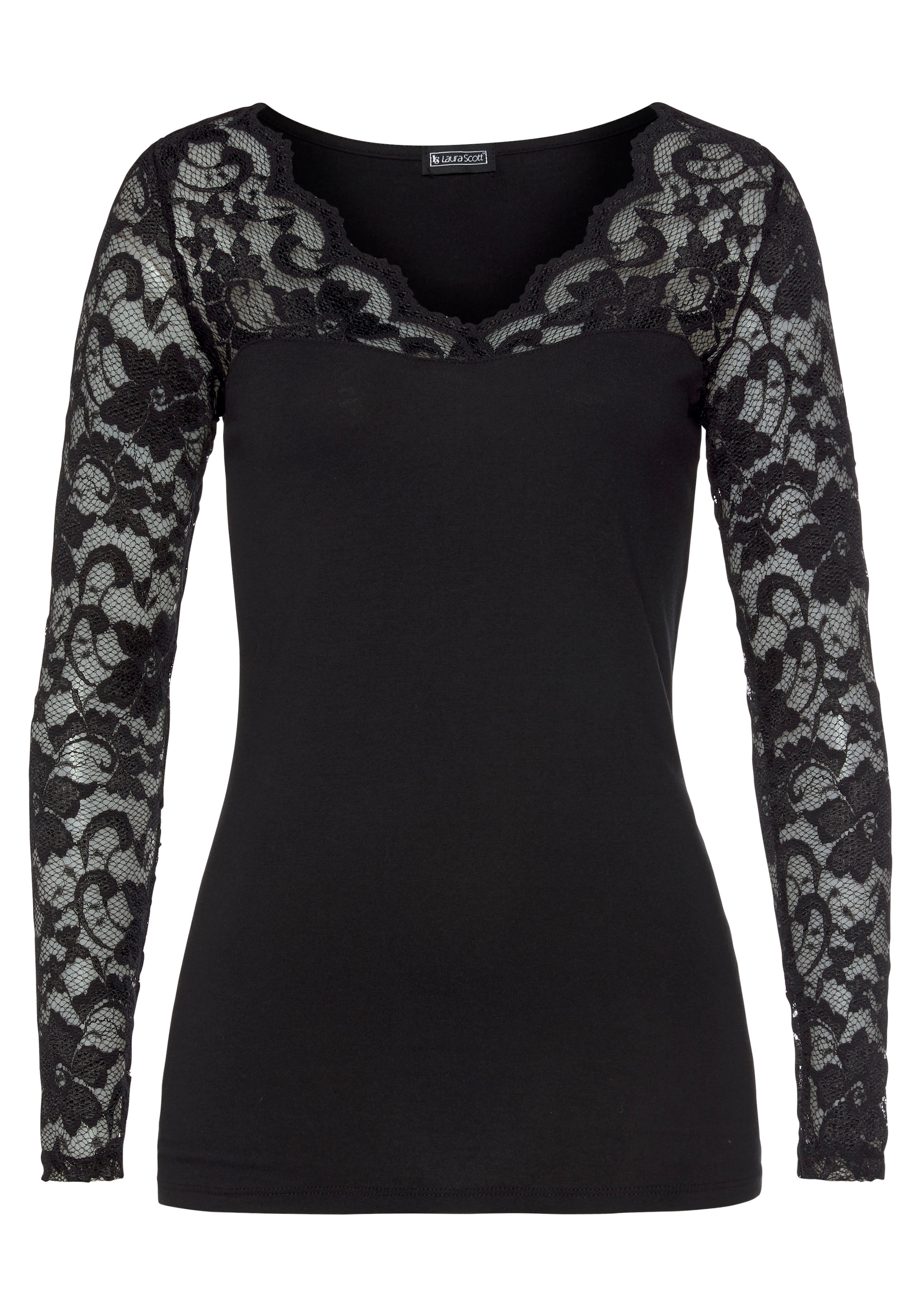 Laura Scott Spitzenshirt Langarm,  sehr figurbetonte Passform,  aus Baumwollmischung