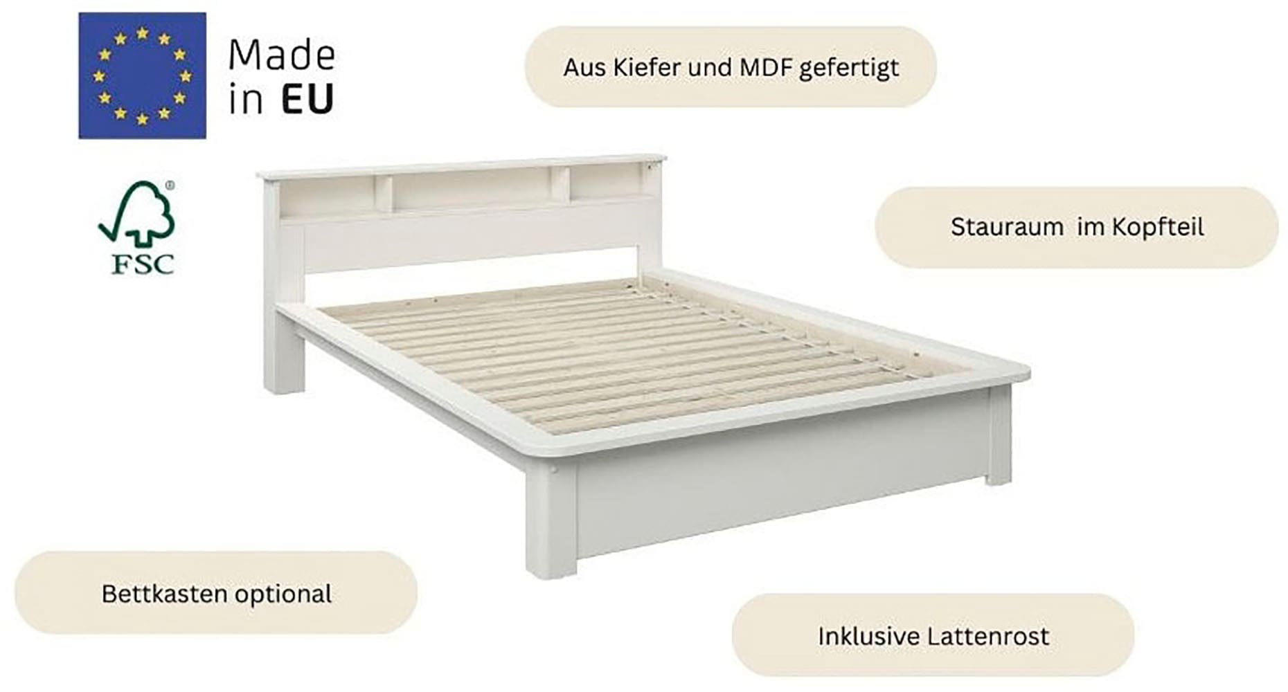 Home affaire Bett »"KERO" BESTSELLER! Stauraum im Kopfteil«, zertifiziertes Massivholz (Kiefer), optional mit Schublade