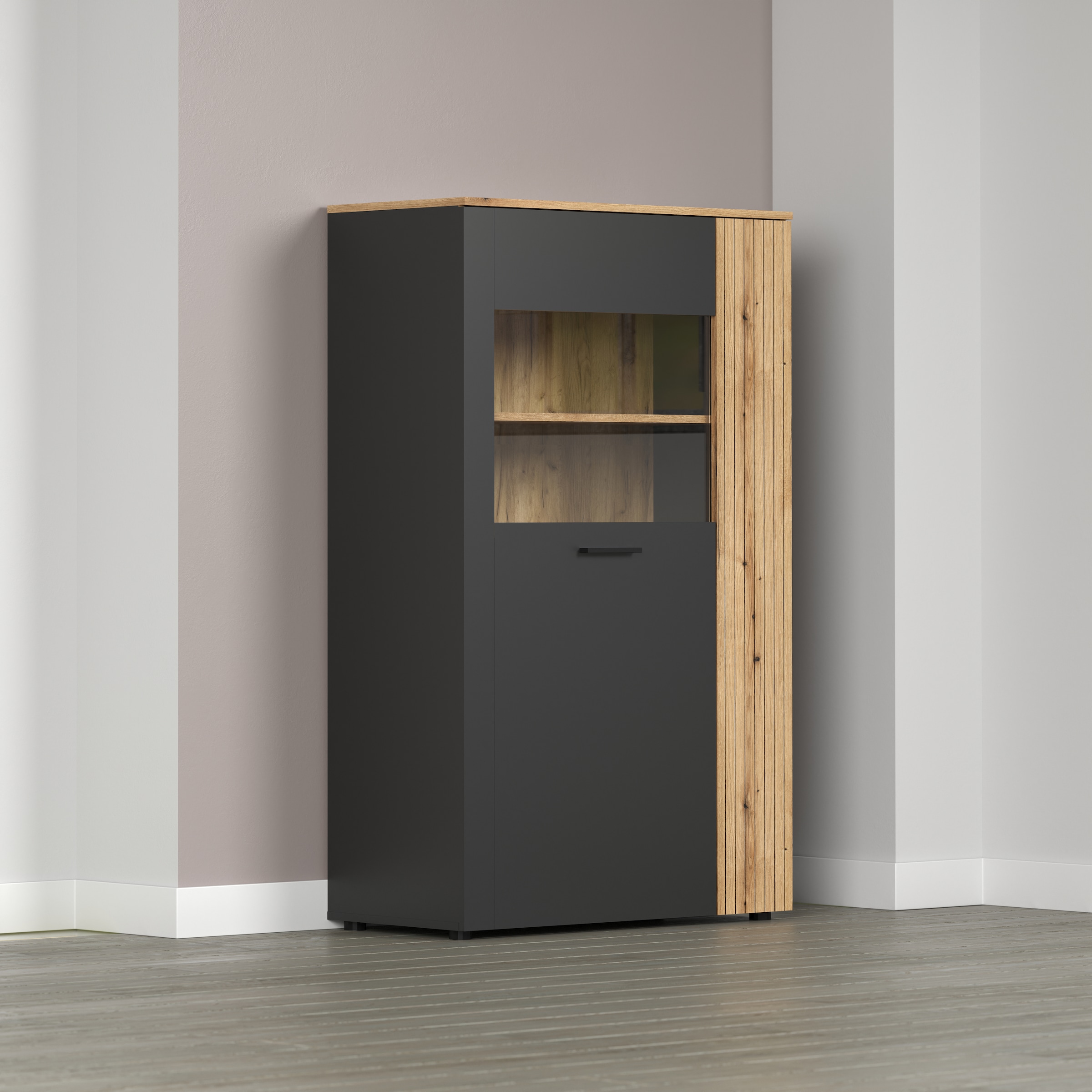 INOSIGN Highboard »Estepona«, (1 St.), Vitrine mit Rillenoptik - Türen links oder rechts montierbar