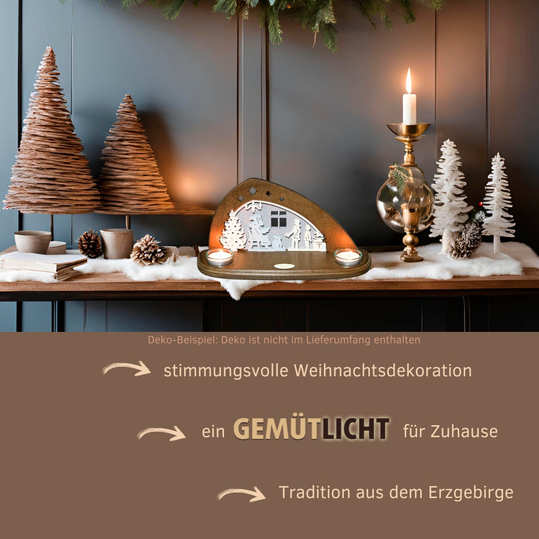 Weigla Teelichthalter »Bescherung, Mini Schwibbogen, Tischdeko für Weihnachten«, (1 St.), Erzgebirge garantiert, Weihnachtsdeko Innen, Weihnachtsbeleuchtung