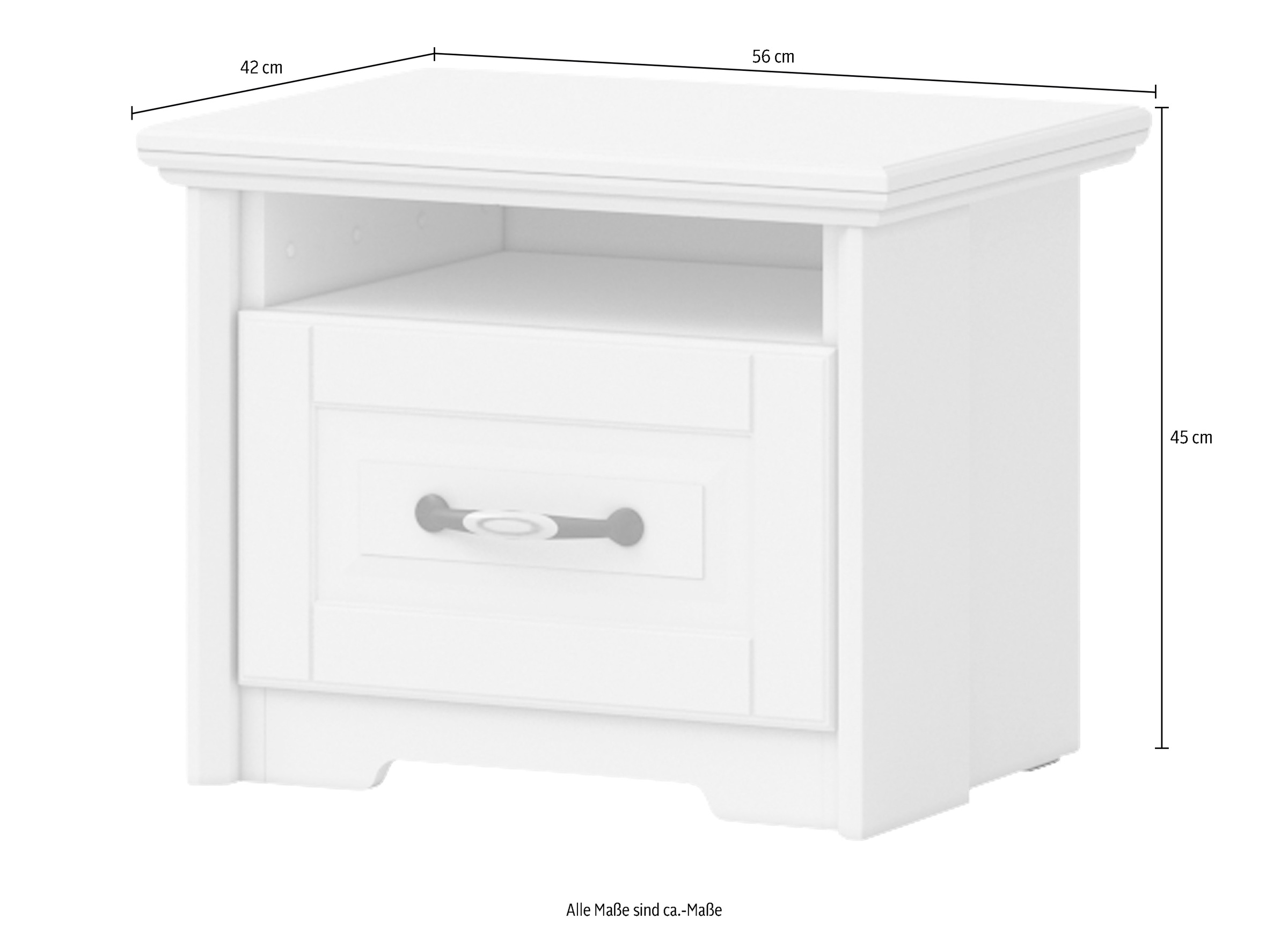 Home affaire Nachtkommode »Evergreen, Maße: B/T/H 56/42/45cm, Soft-Close-Funktion«, (1 offenes Fach und 1 Schublade mit dekoriertem Metallgriff), im klassischen Landhausstil,FSC-zertifiziert,hochwertige UV Lackierung