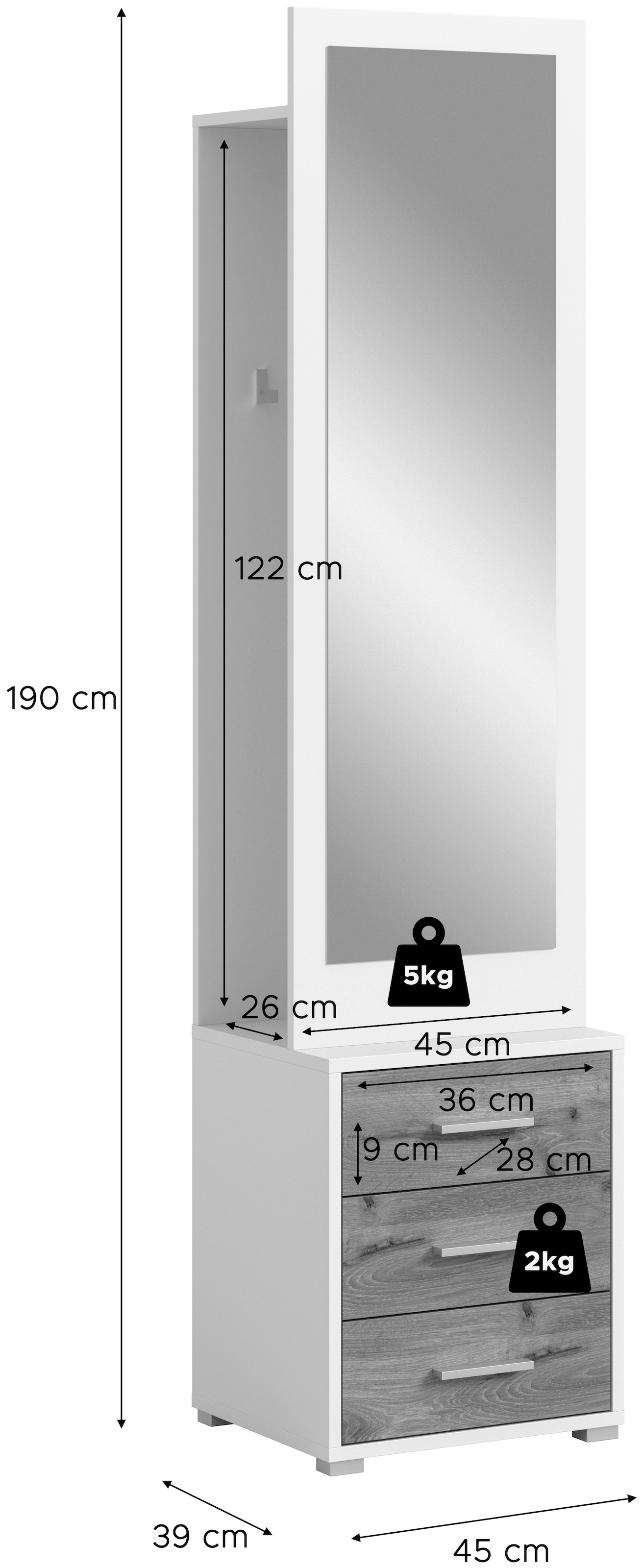 INOSIGN Kompaktgarderobe »Morrea, Höhe 190 cm, 3 Schubkästen, 3 Haken, 1 Kleiderstange«, (1 St.), schmale Garaderobe, Stauraum, Flur, Diele
