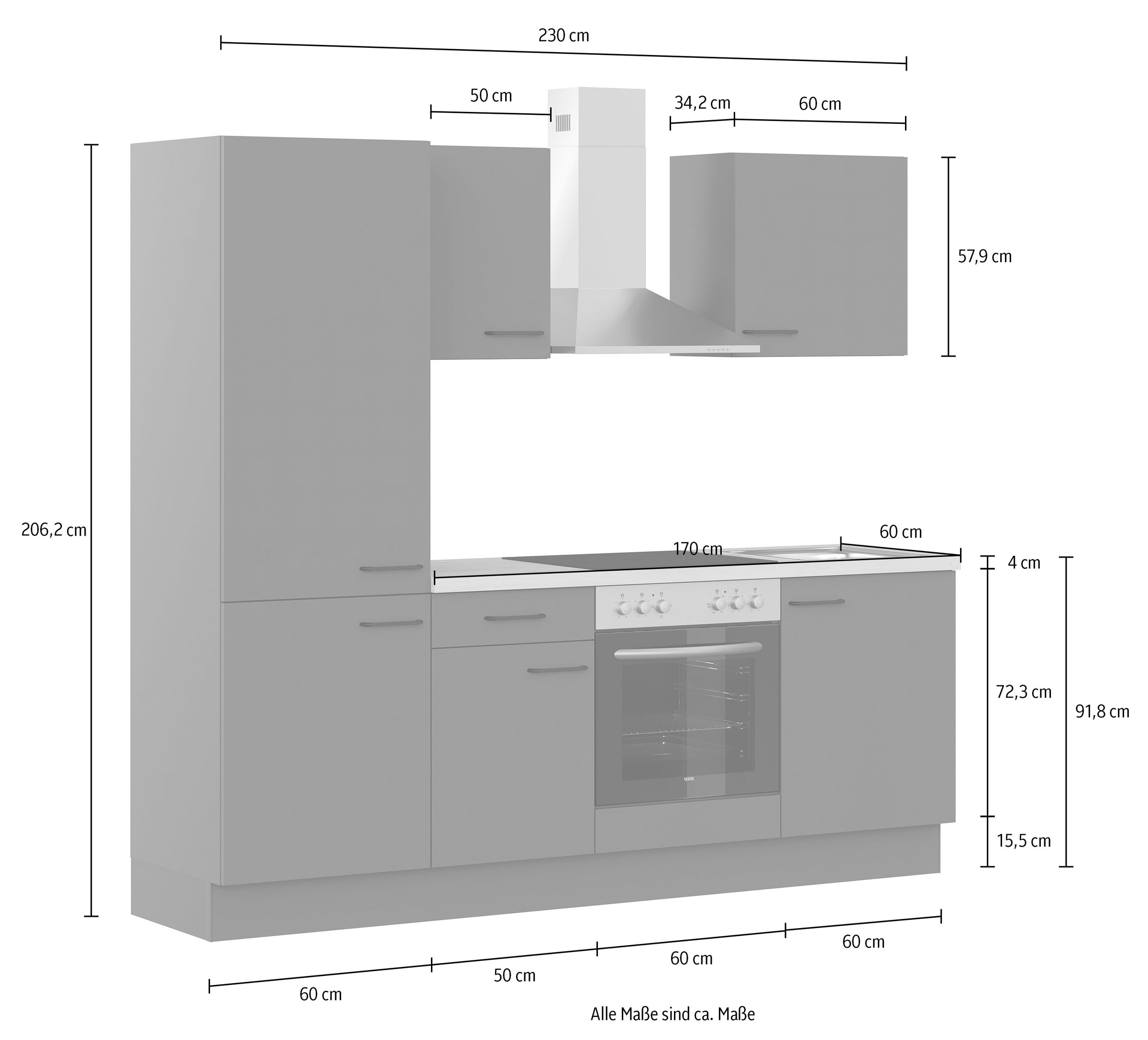 IMPULS KÜCHEN Küchenzeile »"Tirana", Ausrichtung wählbar, Schubkästen mit Soft-Close«, (Set), vormontiert, wahlweise mit E-Geräten, mit Vollauszug, Breite 230 cm