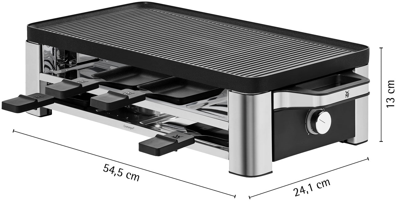 WMF Raclette »LONO, inkl. Parkebene für unbenutze Pfännchen«, 8 St. Raclettepfännchen, 1500 W, Spülmaschinengeeignete Pfannen und Spatel, antihaftbeschichtete Platte