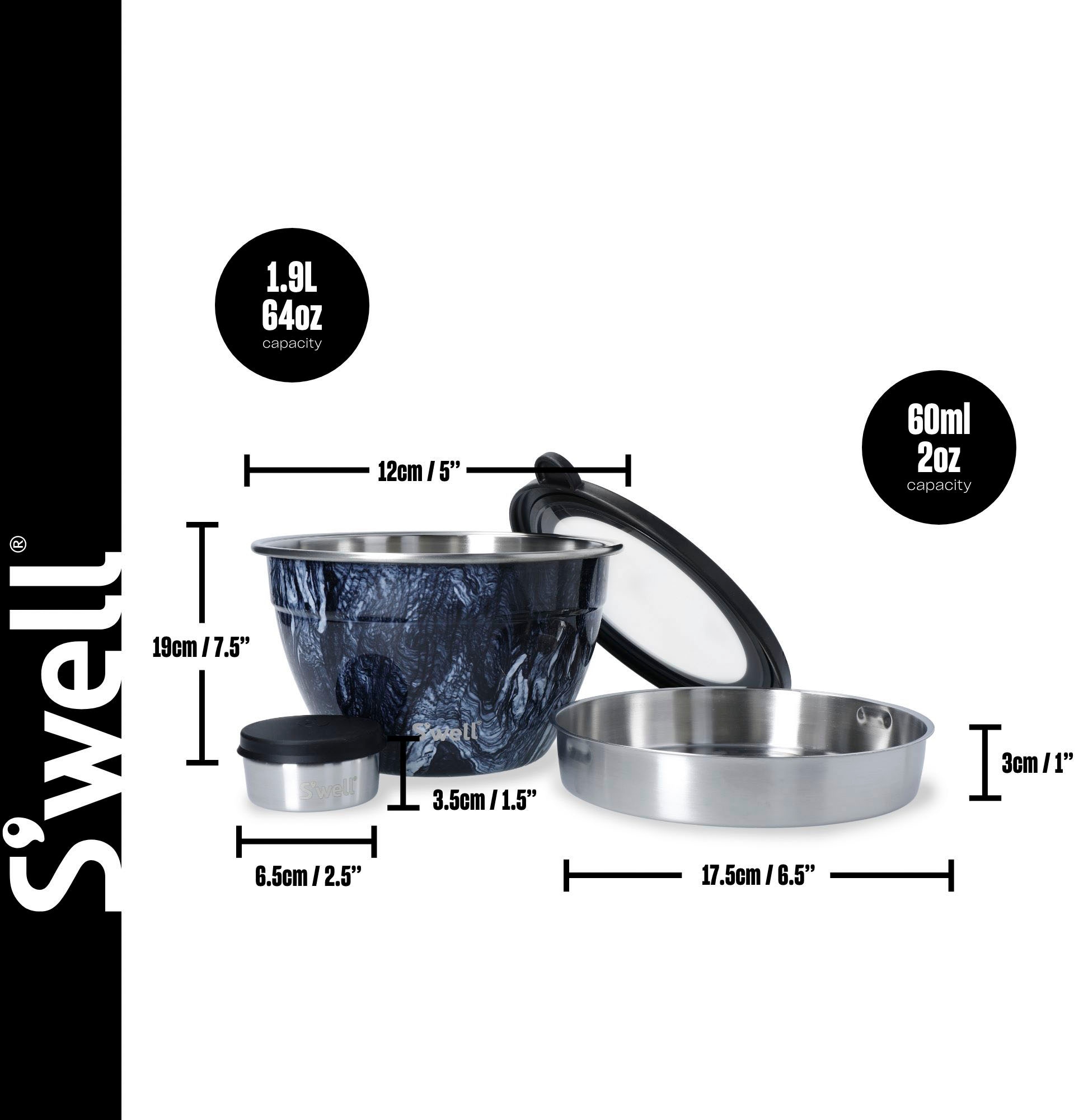 S'well Salatschüssel »S'well Onyx Salad Bowl Kit, 1.9L«, 3 tlg., aus Edelstahl, Therma-S'well®-Technologie, vakuumisolierten Außenschale