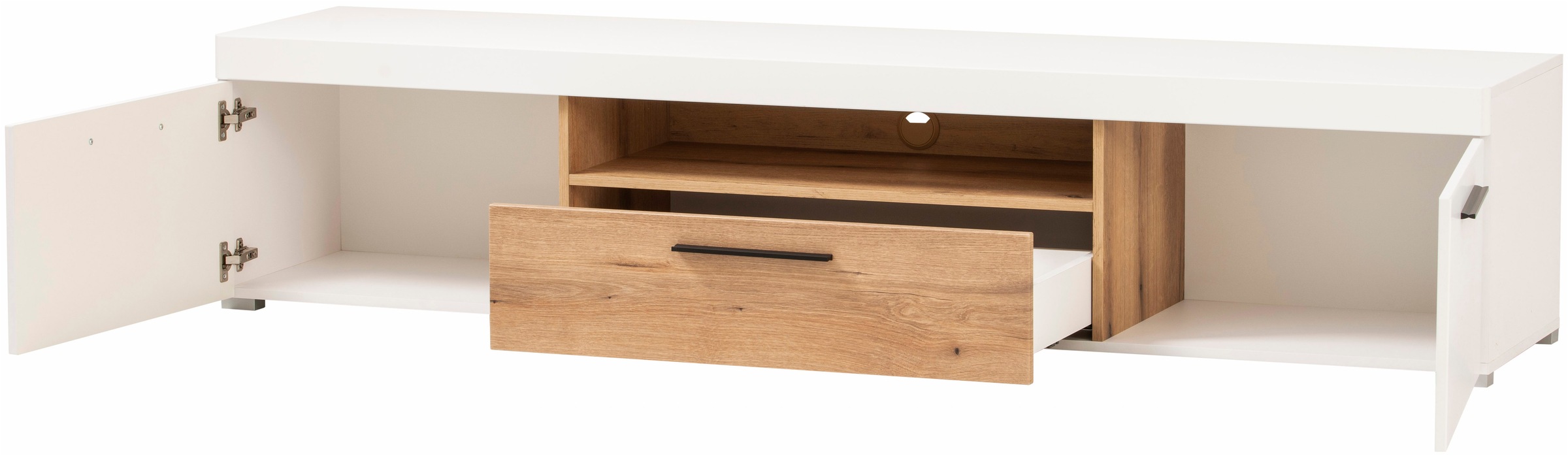 INOSIGN Lowboard »Salerno, moderner Unterschrank, Kommode in Weiß mit Eiche Evoke Dekor«, Metallgriffe, ausreichend Stauraum, vielseitig einsetzbar, 205cm breit