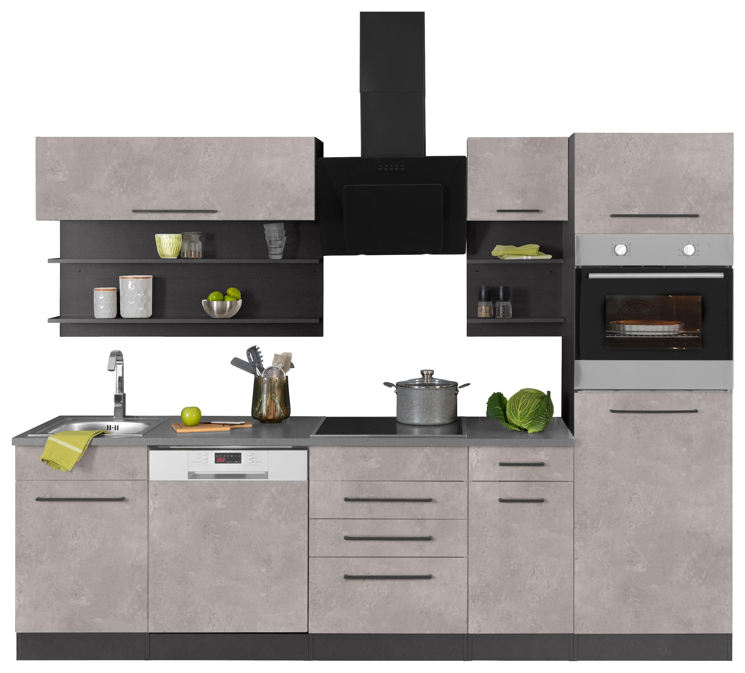 KOCHSTATION Küchenzeile »KS-Tulsa«, ohne E-Geräte, Breite 270 cm, schwarze Metallgriffe, MDF Fronten
