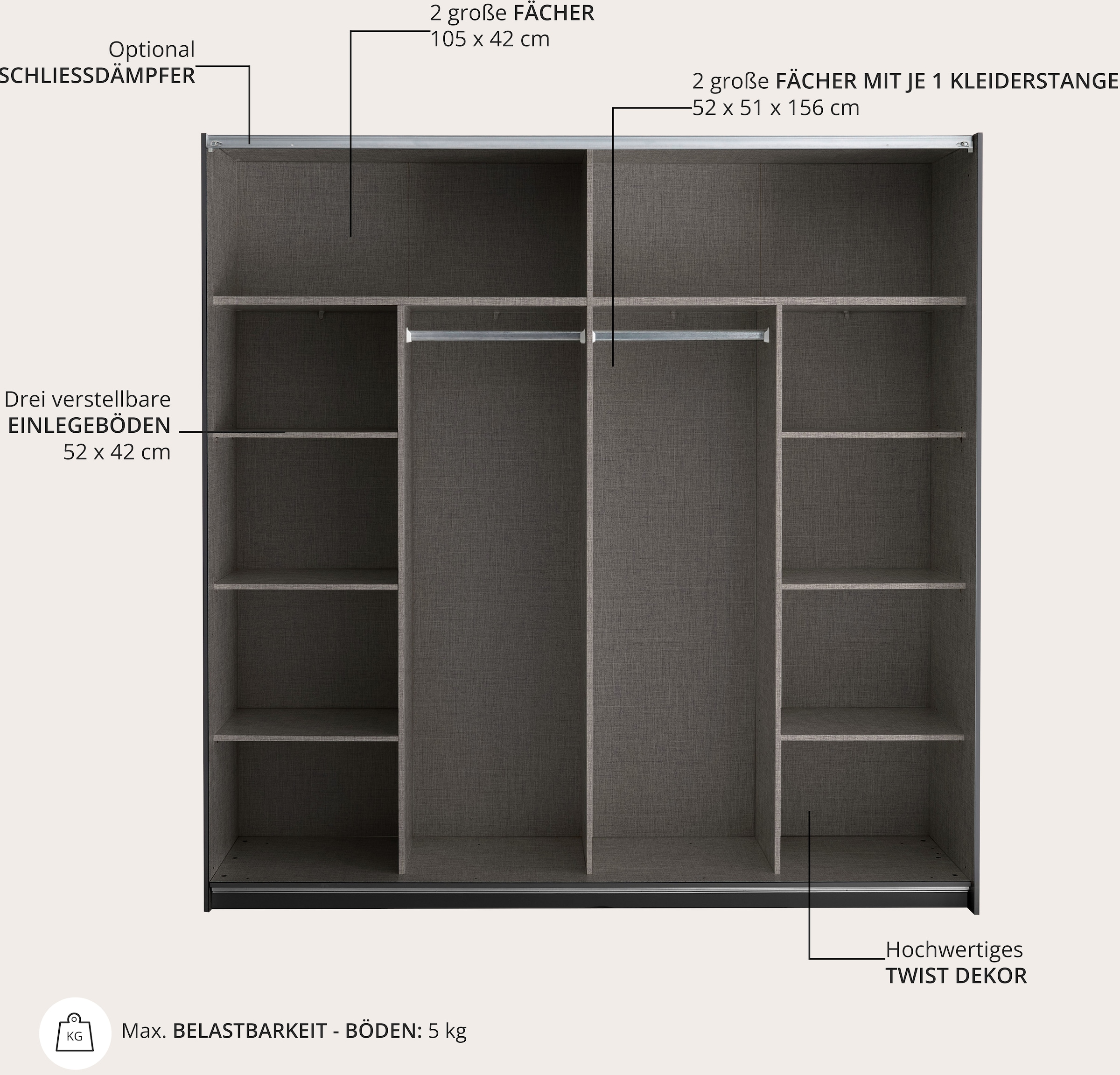 Schlafkontor Schwebetürenschrank »Melton Kleiderschrank mit Schiebetüren und Hoteleinteilungen«, optional verstellbare Einlegeböden