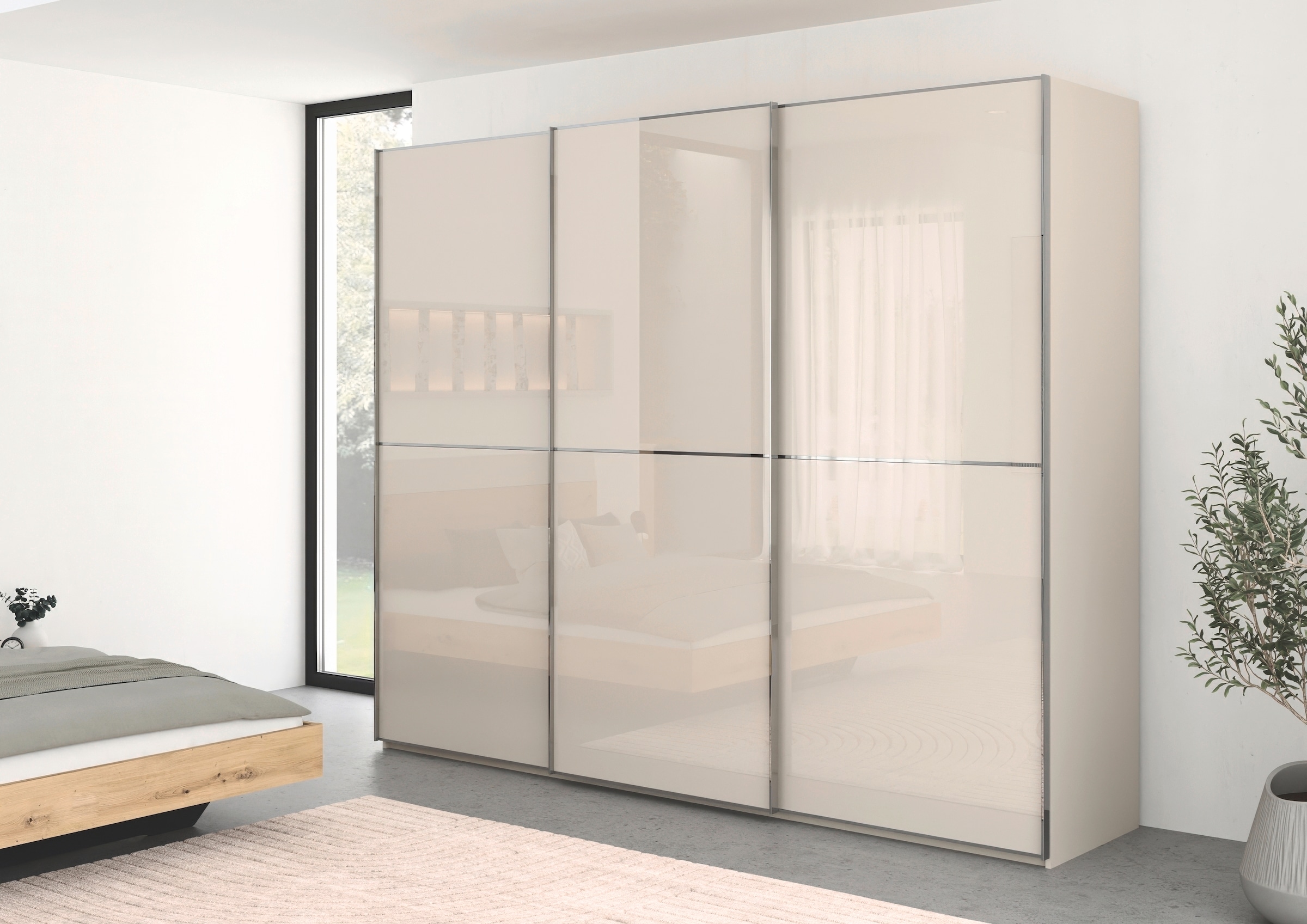 rauch Schwebetürenschrank »Kleiderschrank Schrank Garderobe Schlafzimmerschrank SCALE-DUO«, edle zweigeteilte Türen Glas-Front mit 3 Zierleisten MADE IN GERMANY