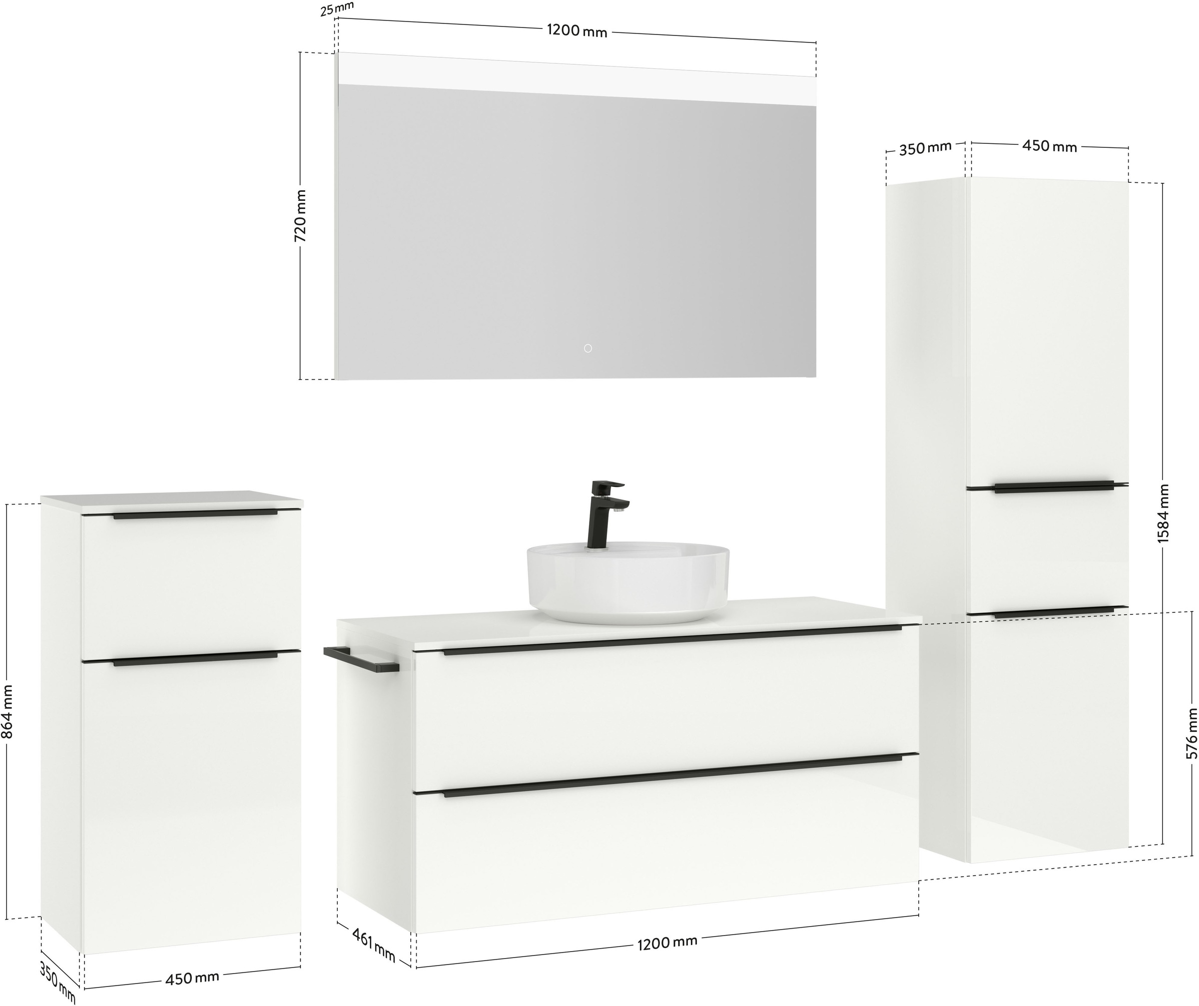 nobilia® Badmöbel-Set »Alvene«, (4 St., vormontiert, mit Soft-Close), Hochglanz, inkl. Spiegel mit Touch-Sensor, in vier Breiten