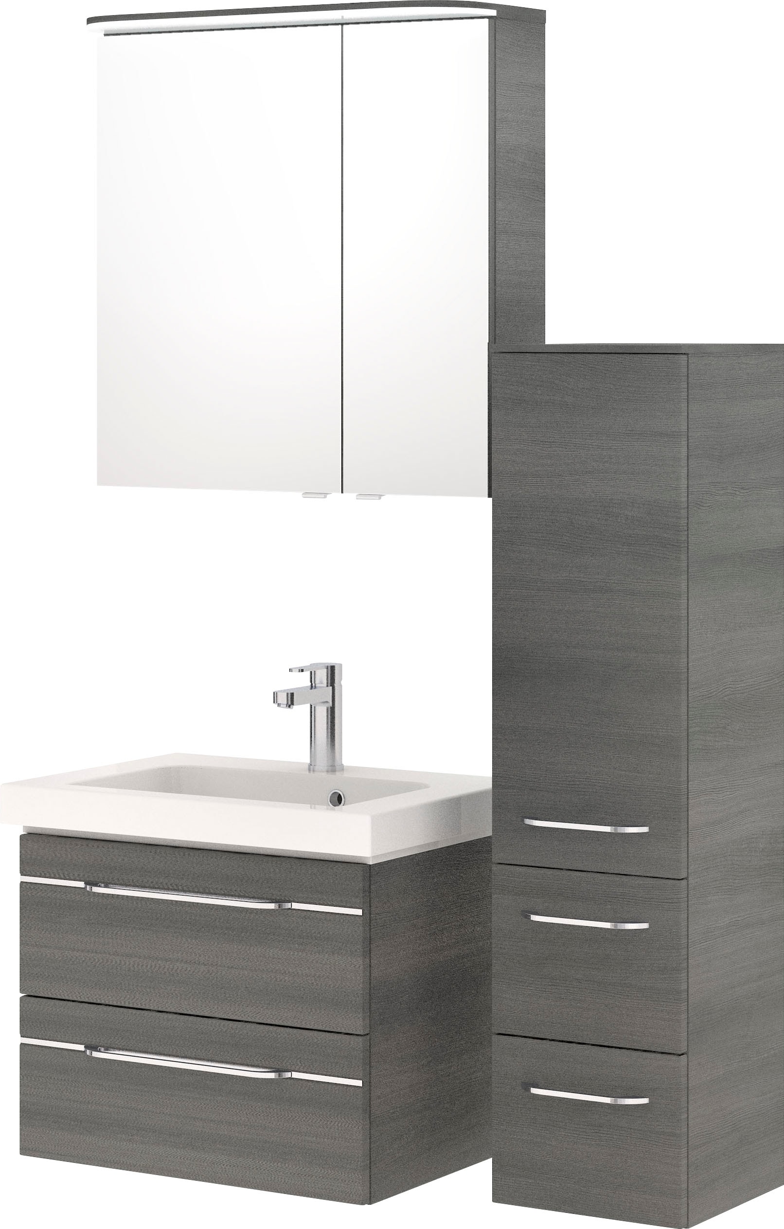 Saphir Badmöbel-Set »Balto Sprint 3-teilig, Mineralmarmor-Waschtisch mit LED-Spiegelschrank«, (4 St.), inkl. Türdämpfer, 100 cm breit, mit Midischrank, 3 Türen, 4 Schubladen