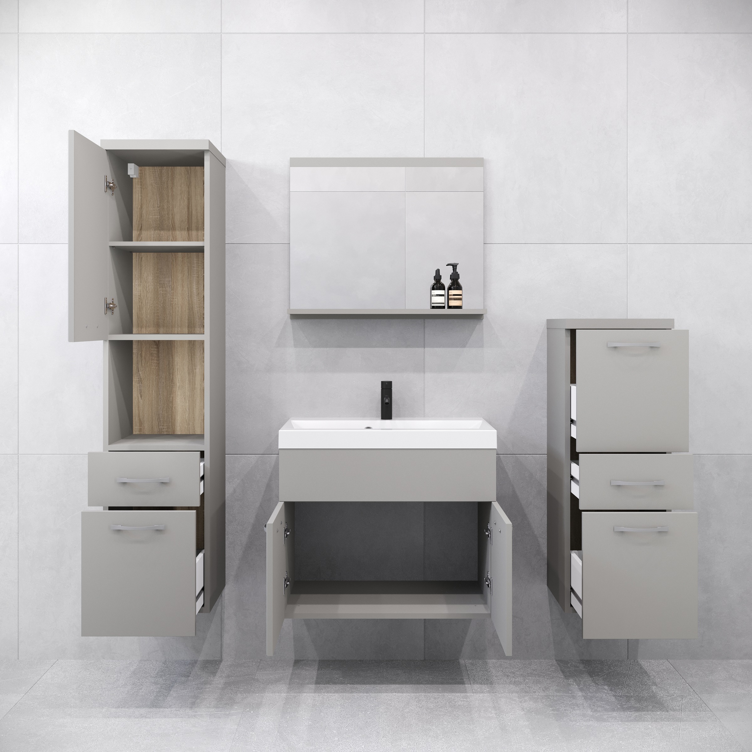 welltime Badmöbel-Set »ELDA«, (Komplett-Set, 5 St.), Waschtisch inkl. Waschbecken, Hochschrank, Badschrank und Spiegel